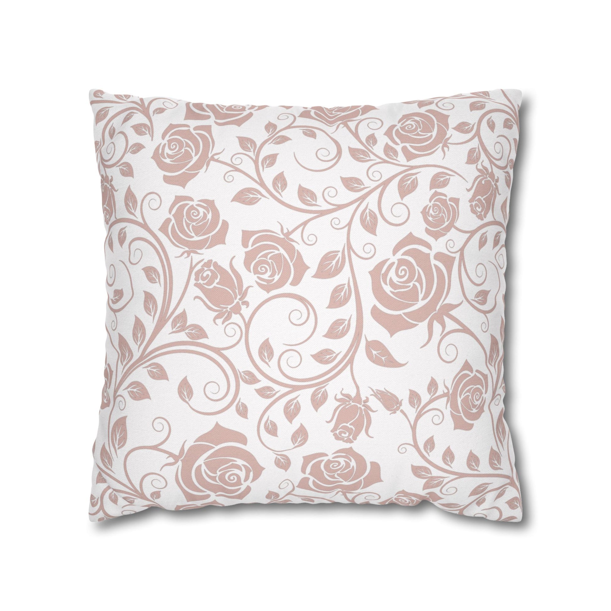 Decorative pillow with pink rose floral pattern on a white background