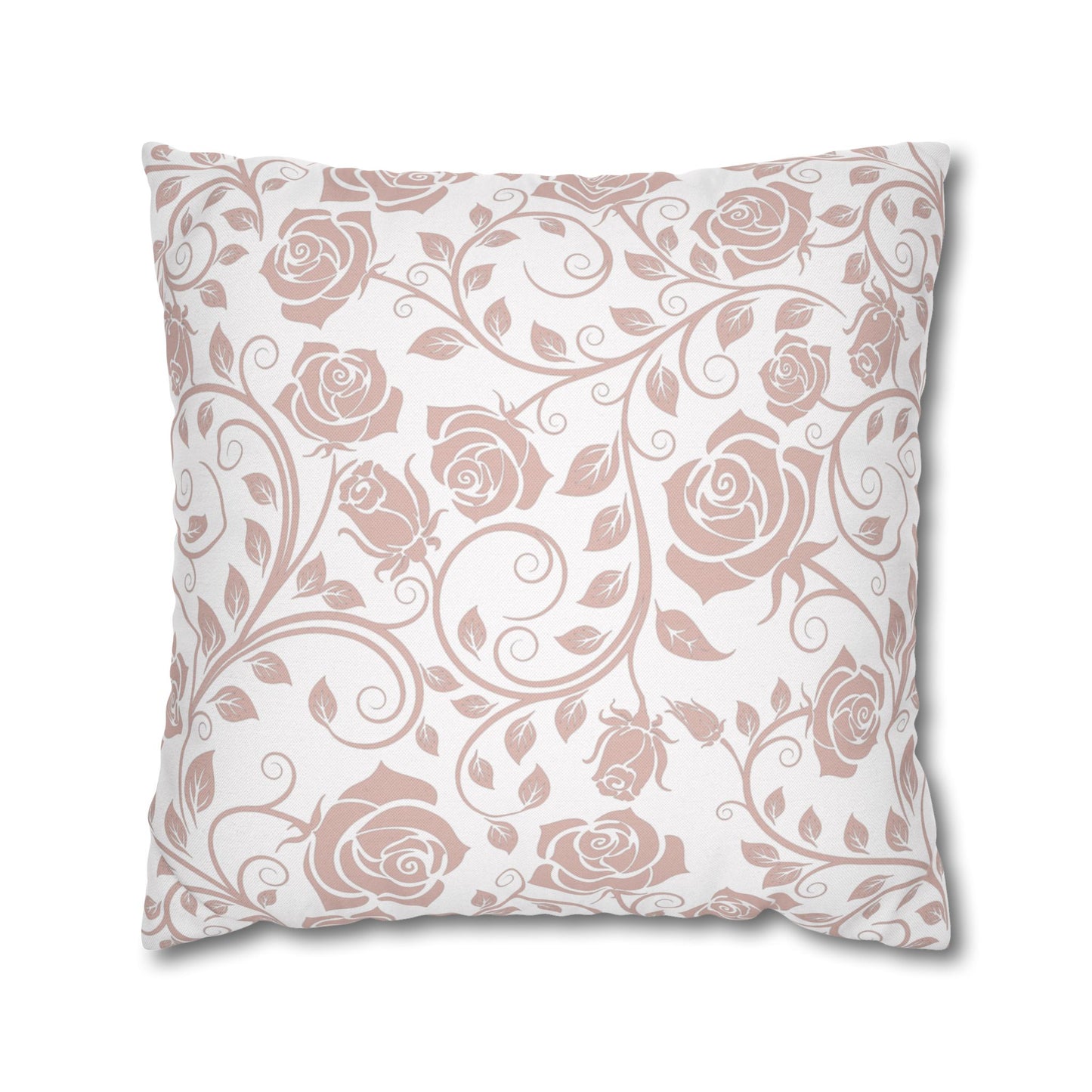 Decorative pillow with pink rose floral pattern on a white background