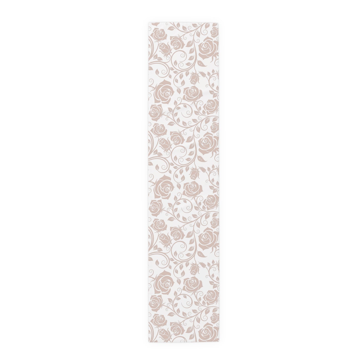 Table runner with pink floral pattern on a white background
