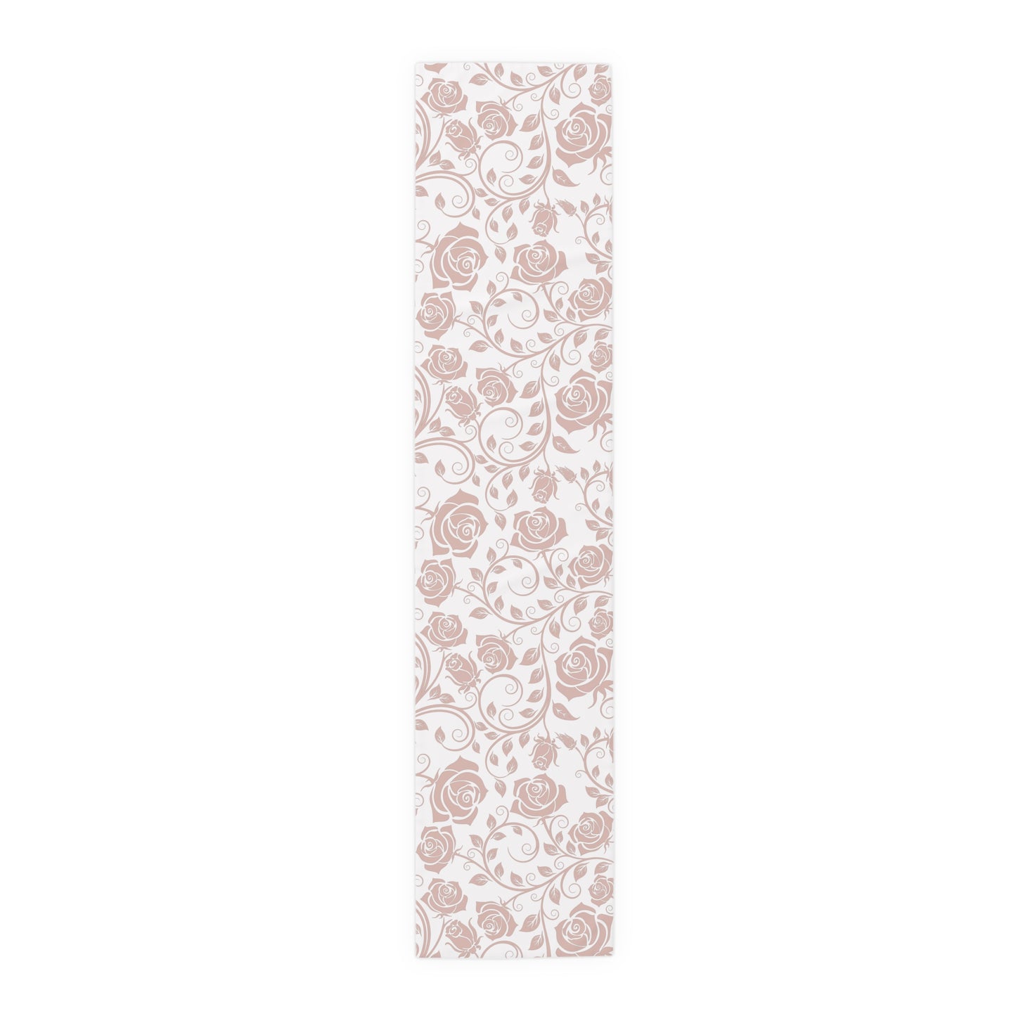 Table runner with pink floral pattern on a white background