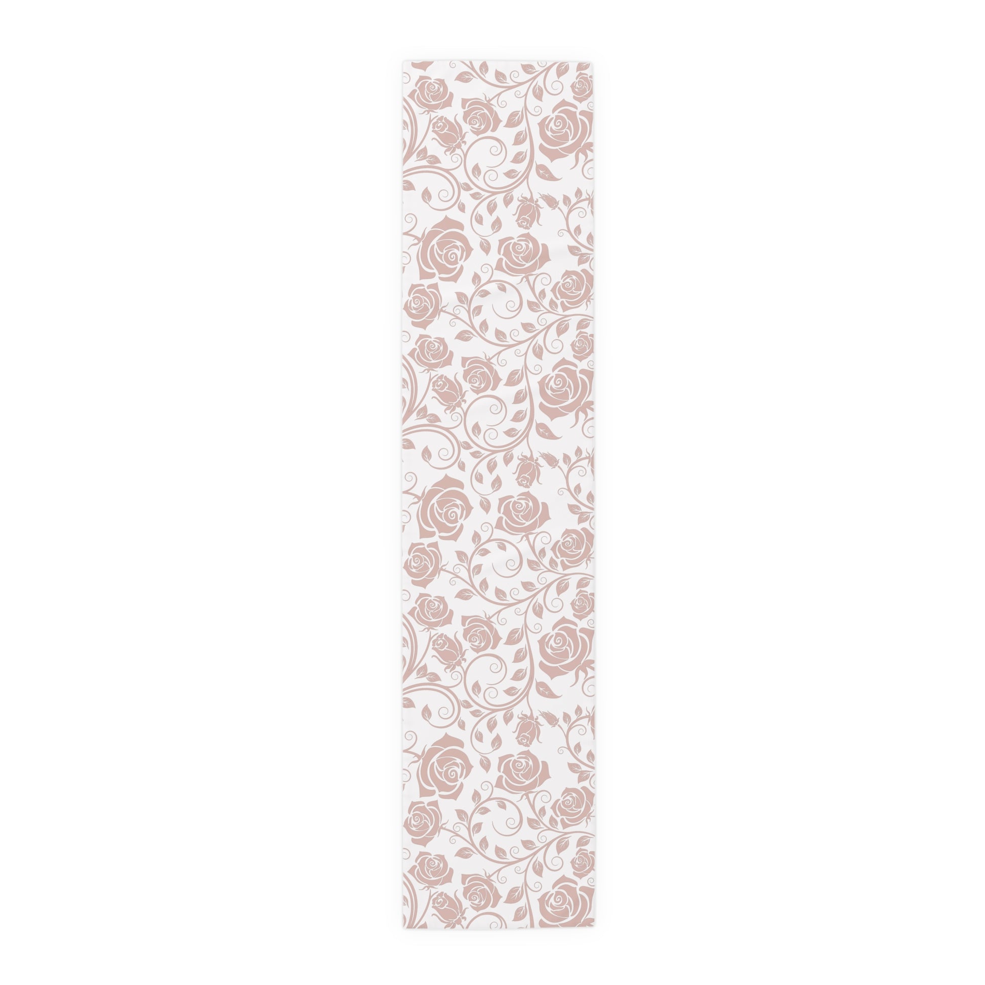 Table runner with pink floral pattern on a white background