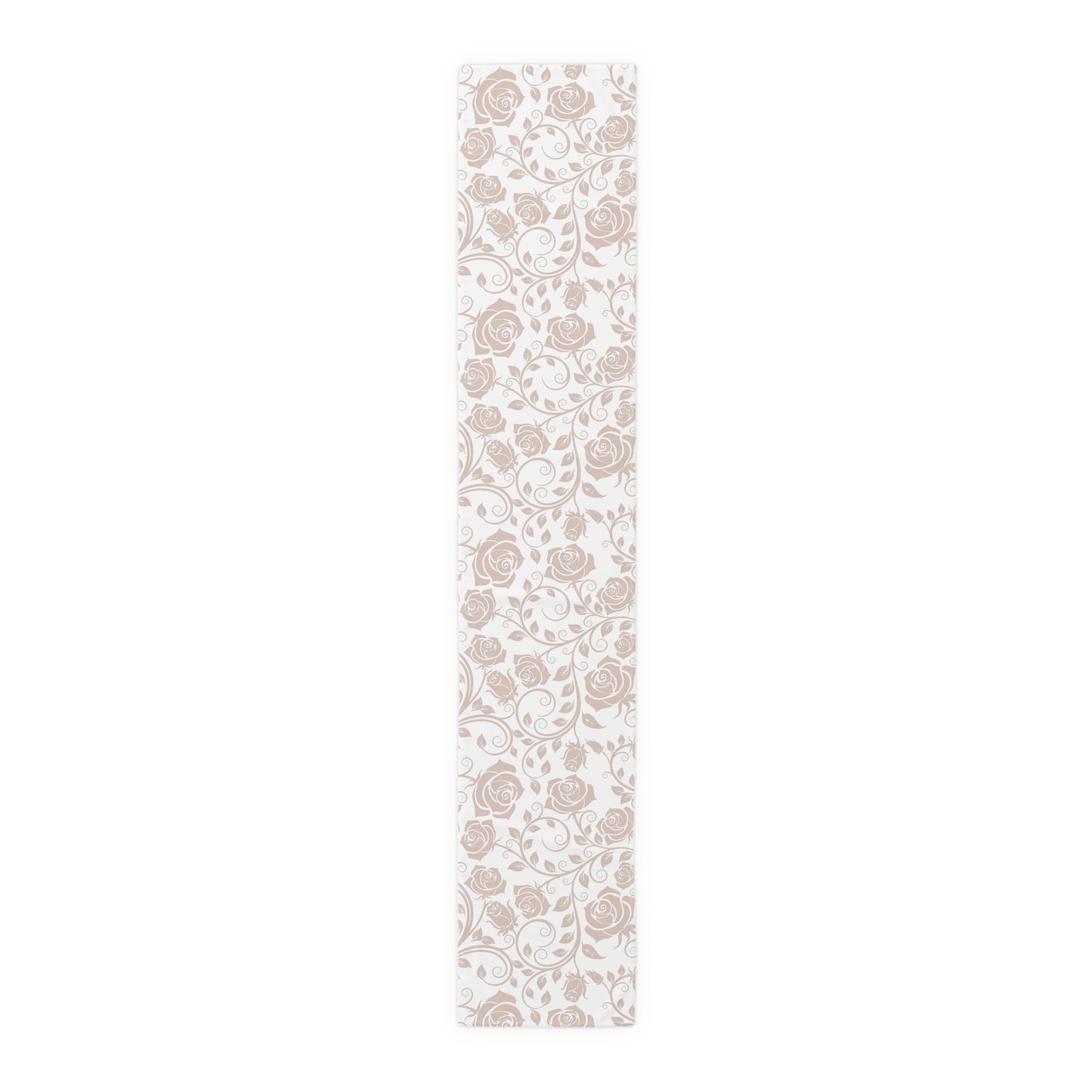 Table runner with pink floral pattern on a white background