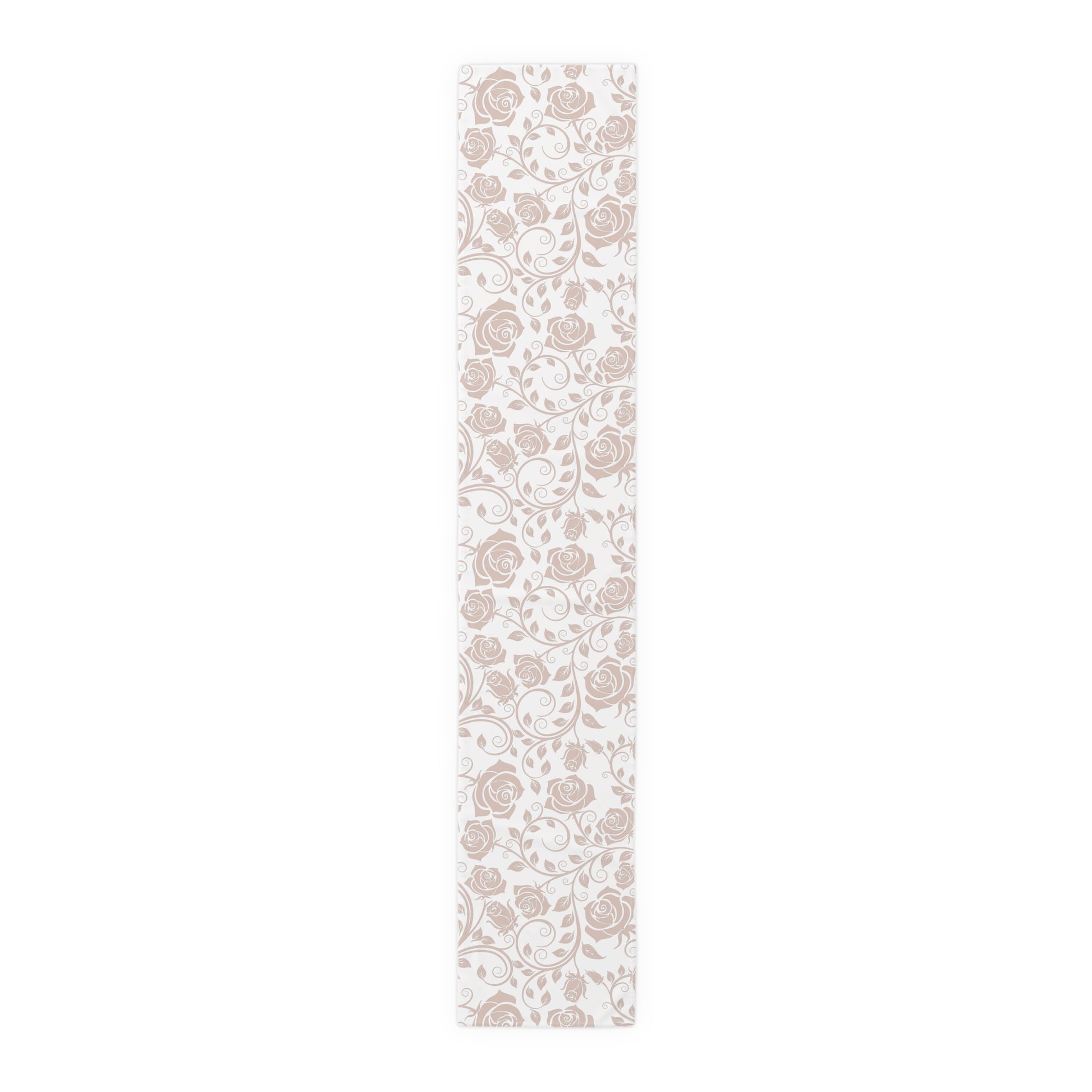 Table runner with pink floral pattern on a white background