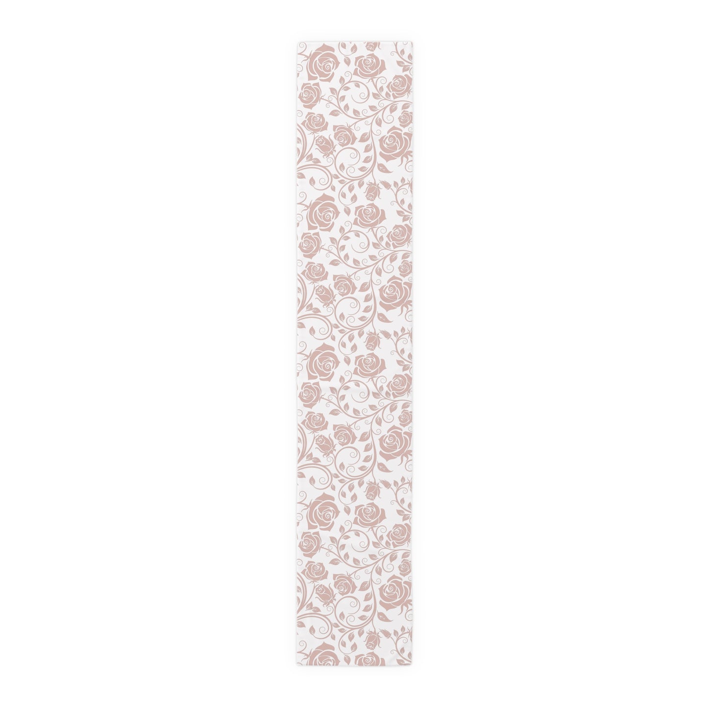 Table runner with pink floral pattern on a white background