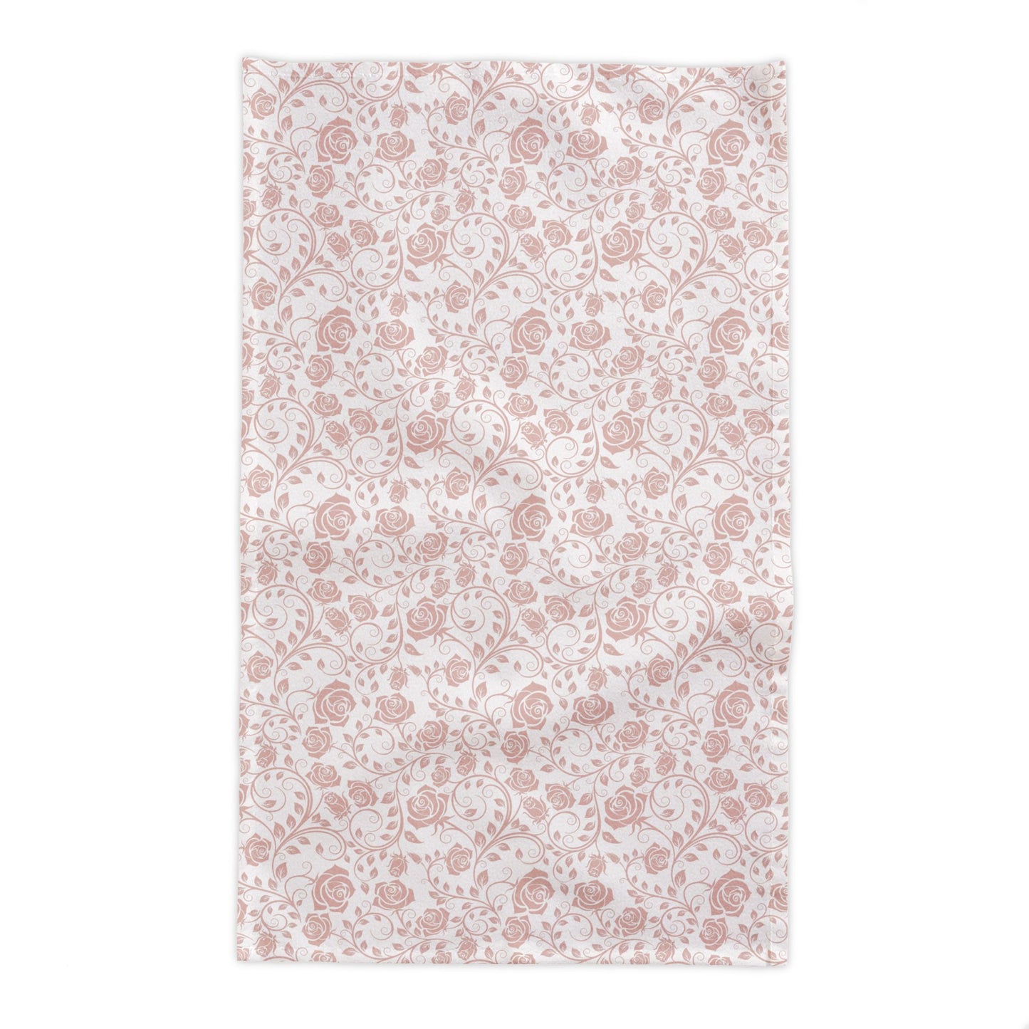 Pink and white floral patterned rectangle tablecloth with pink roses on a white background