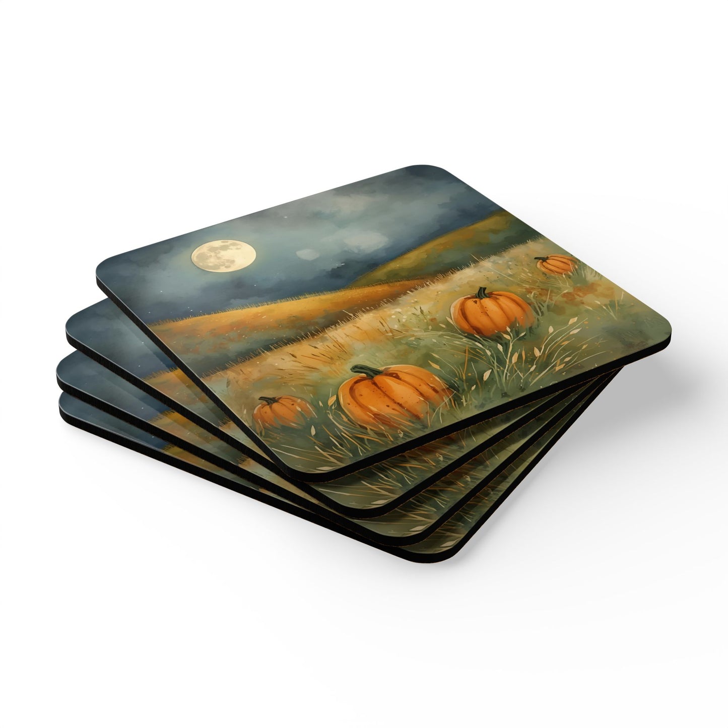 Set of four Pumpkin Field coasters with pumpkin field design under a moonlit sky.