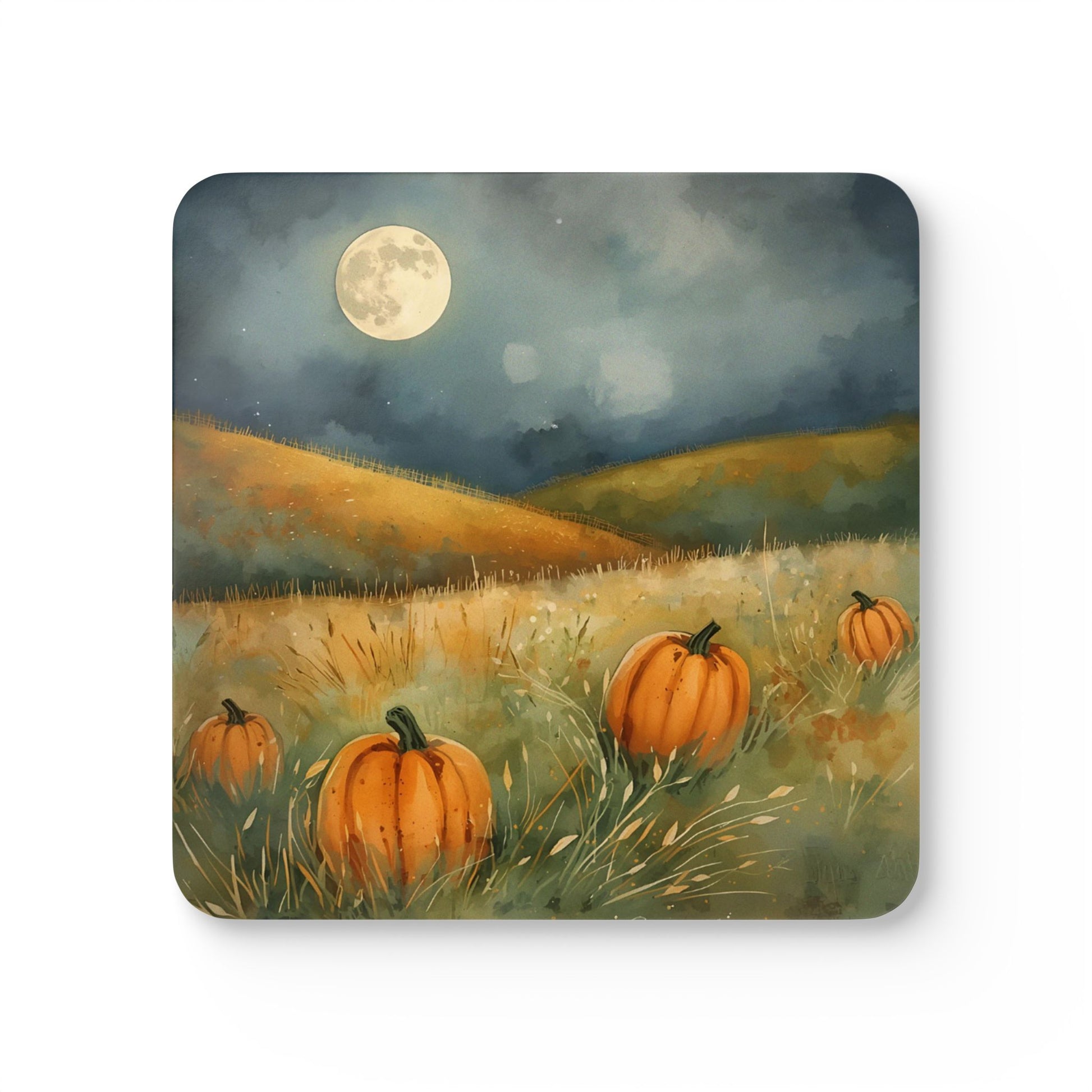 Square coaster with pumpkins in a field under a full moon