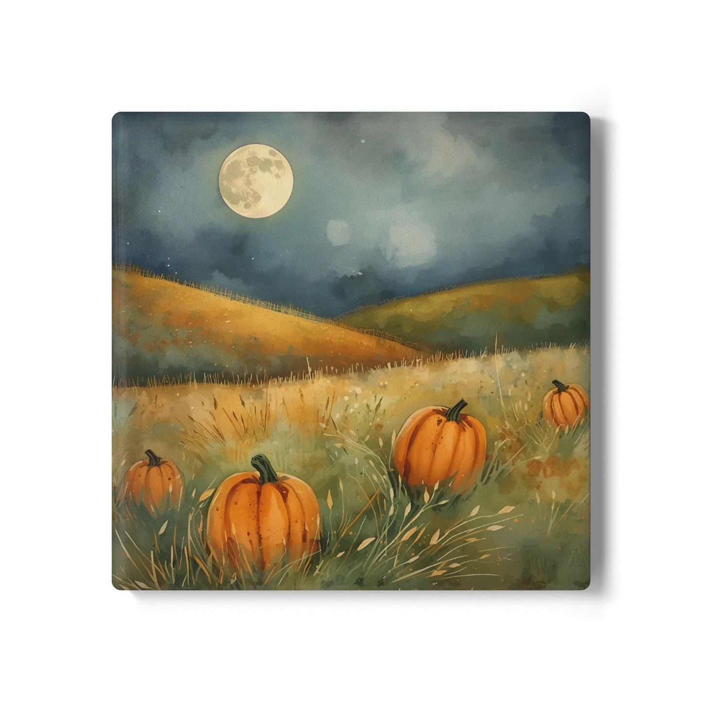 Pumpkin Field square ceramic tile coaster with image of pumpkins in a field under a full moon printed on top of coaster on a white background.