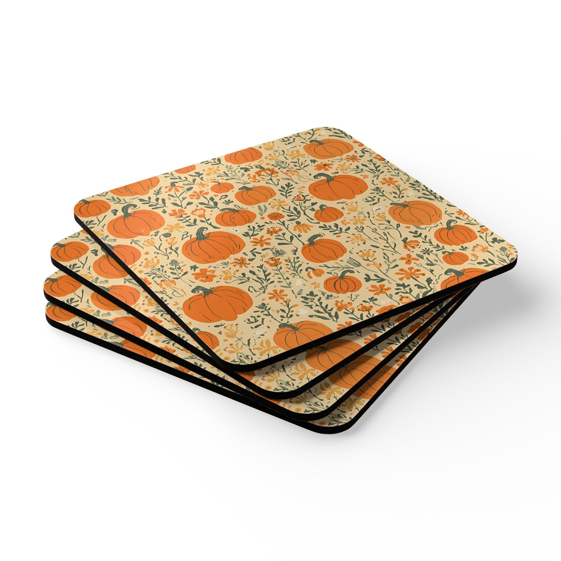Set of four coasters with pumpkin and floral pattern on a white background