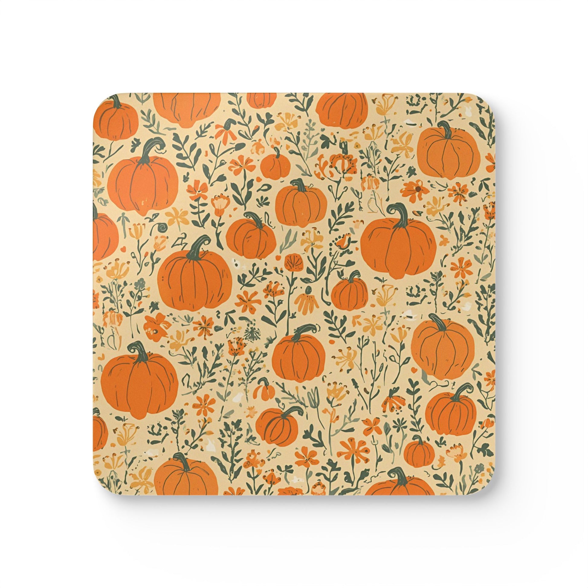 Square Pumpkin Garden coaster with pumpkin and floral pattern on a beige background