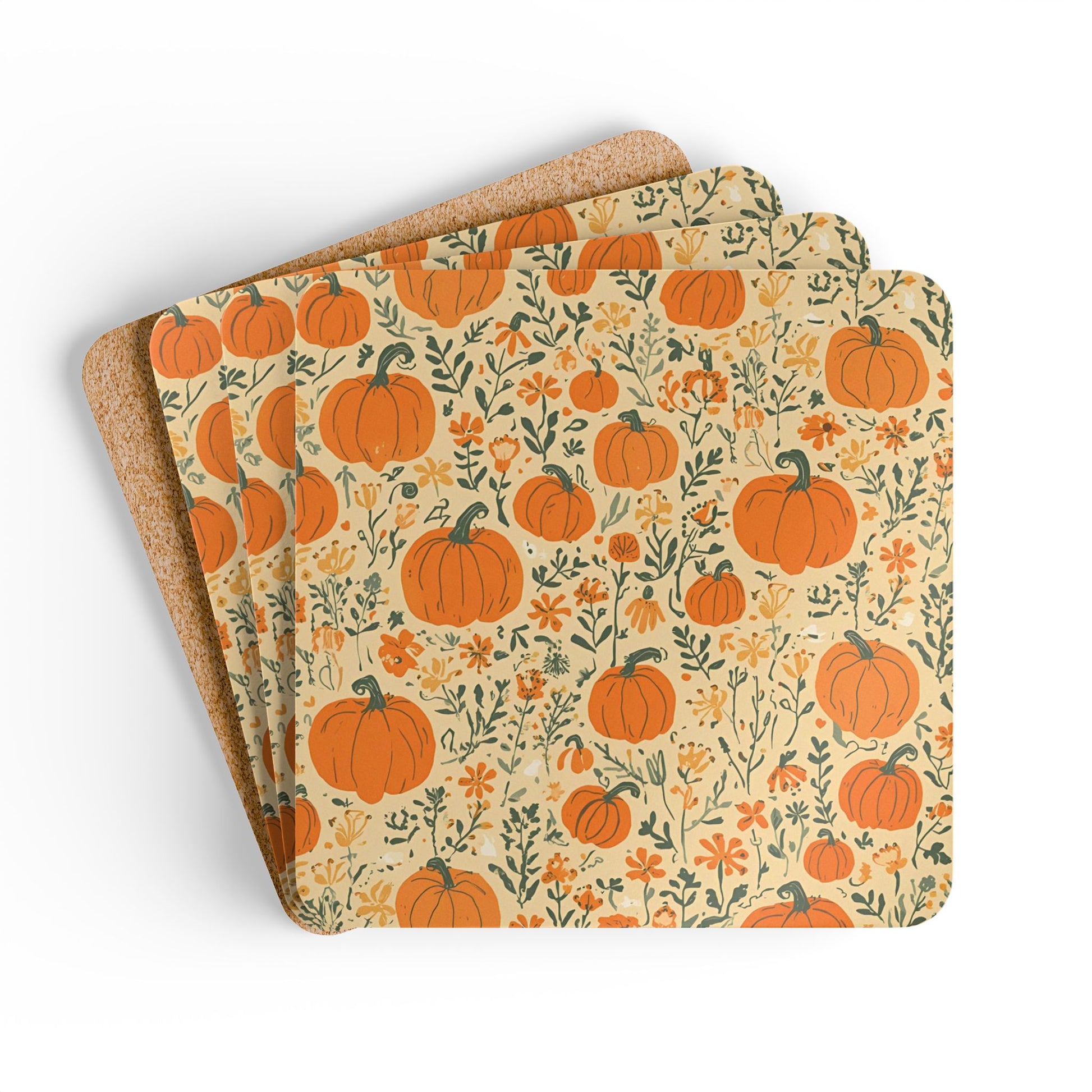 Set of four coasters with pumpkin and floral pattern on a beige background