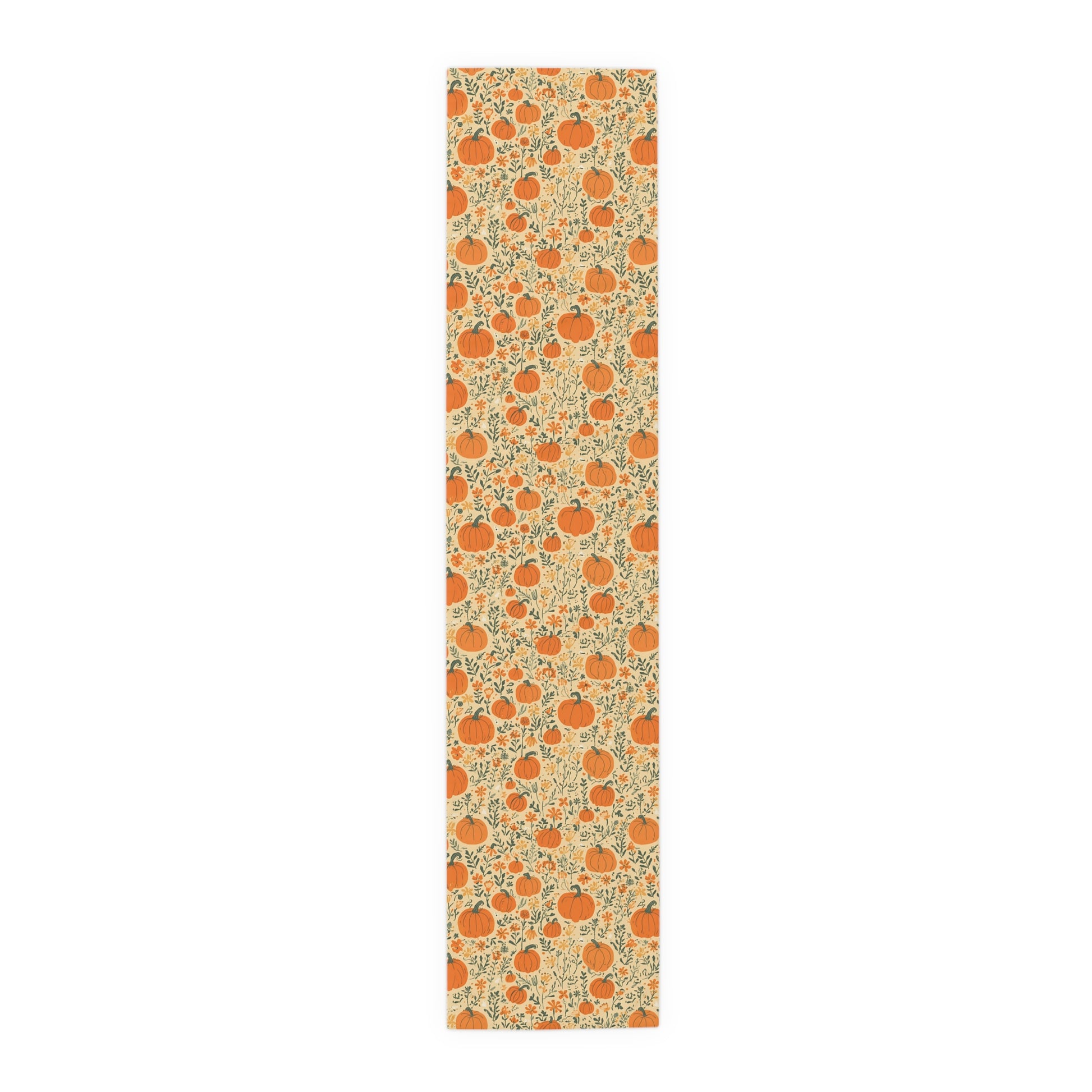 Our 16" x 72" polyester Pumpkin Garden table runner has an orange pumpkin and flowers table runner design on a white background