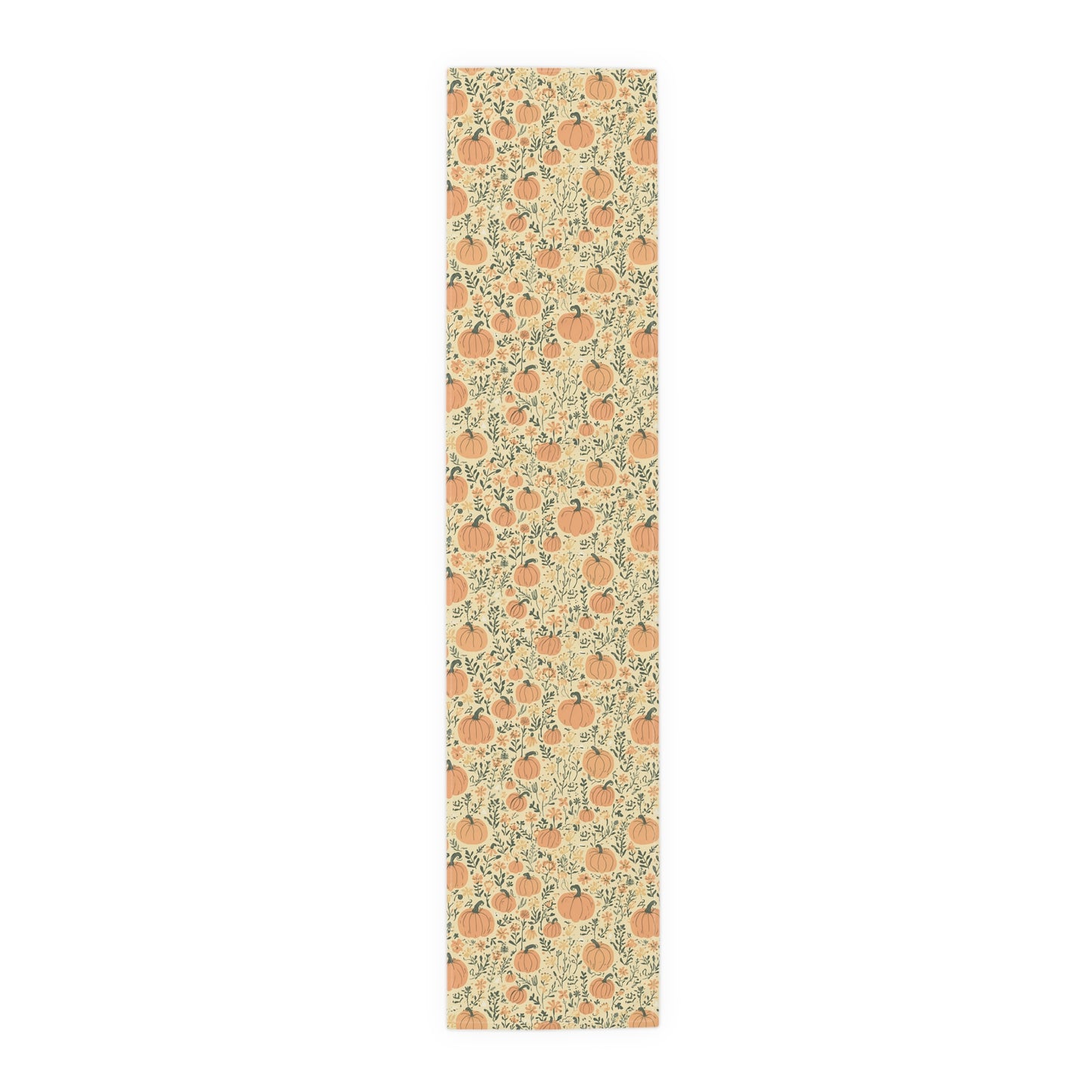 Our polyester 16" x 72" Pumpkin Garden table runner has an orange pumpkin and flowers table runner design on a white background