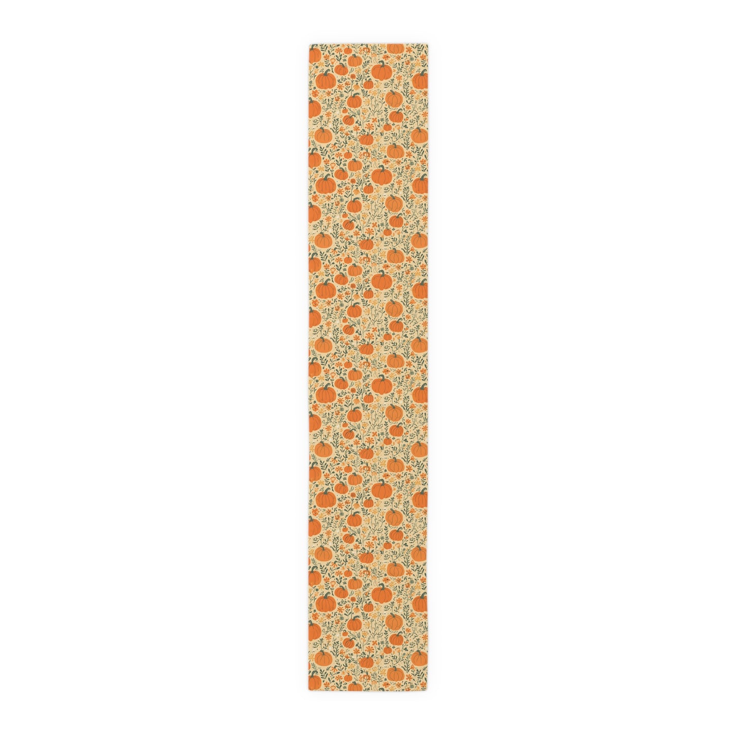 Our cotton twill 16" x 90" Pumpkin Garden table runner has an orange pumpkin and flowers table runner design on a white background