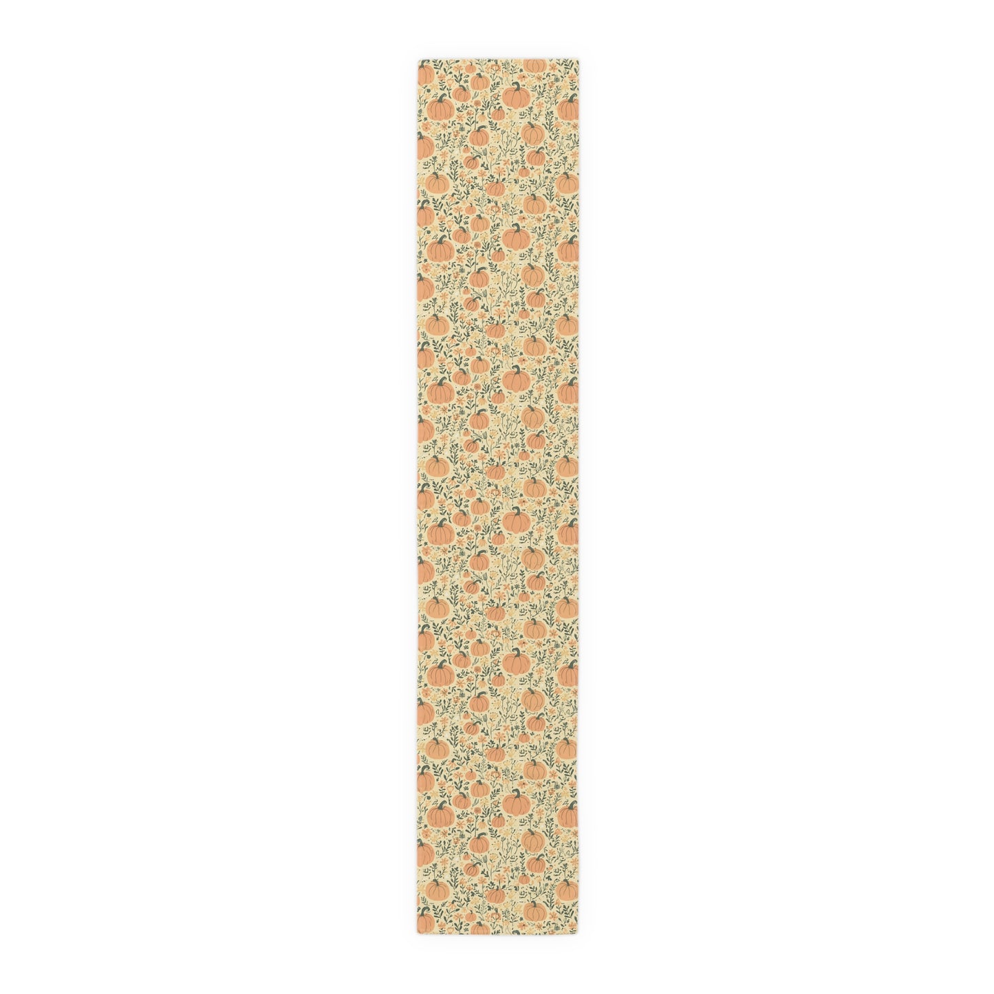 Our 16" x 90" cotton twill Pumpkin Garden table runner has an orange pumpkin and flowers table runner design on a white background