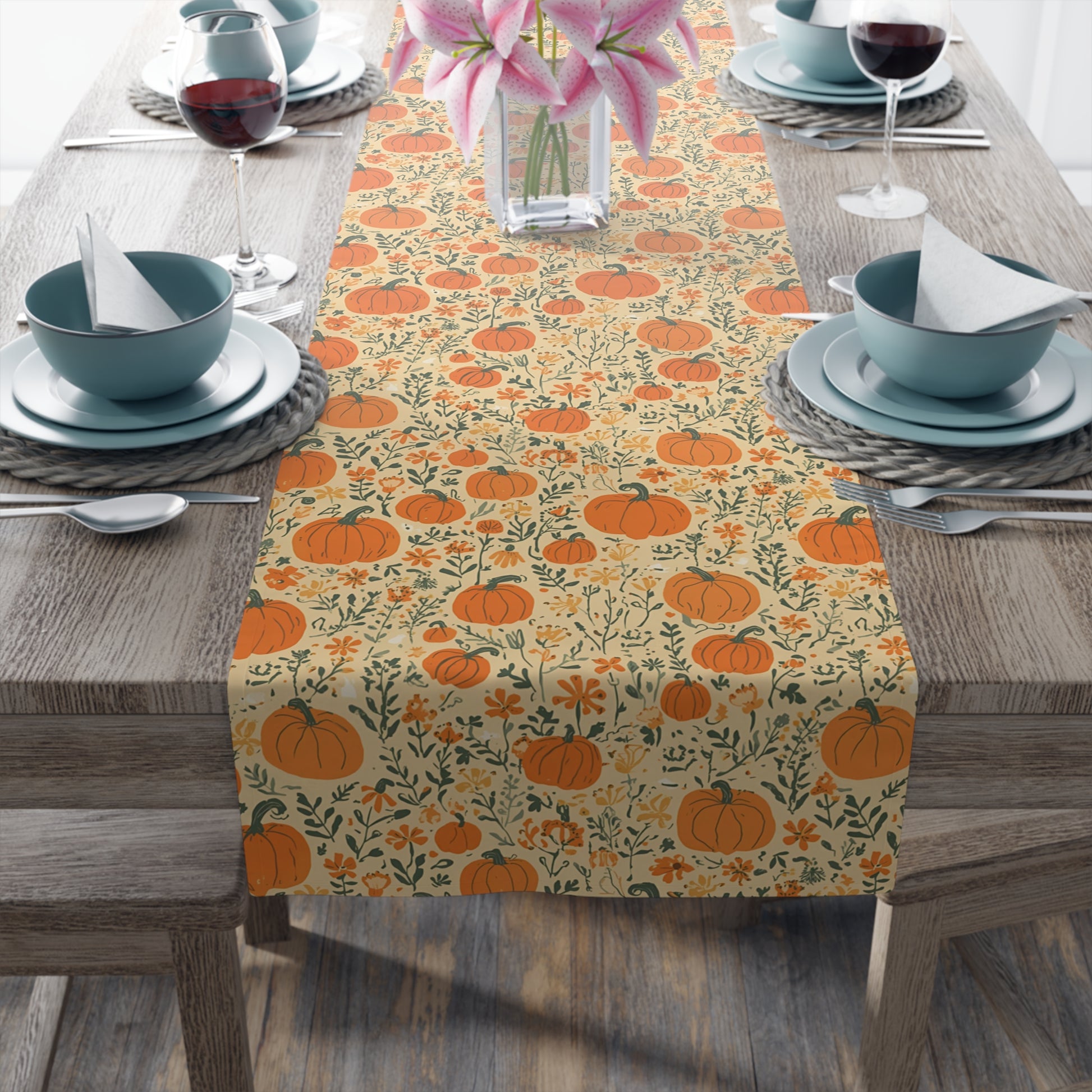 Our Pumpkin Garden table runner has an orange pumpkin and flowers table runner design on a wooden table.