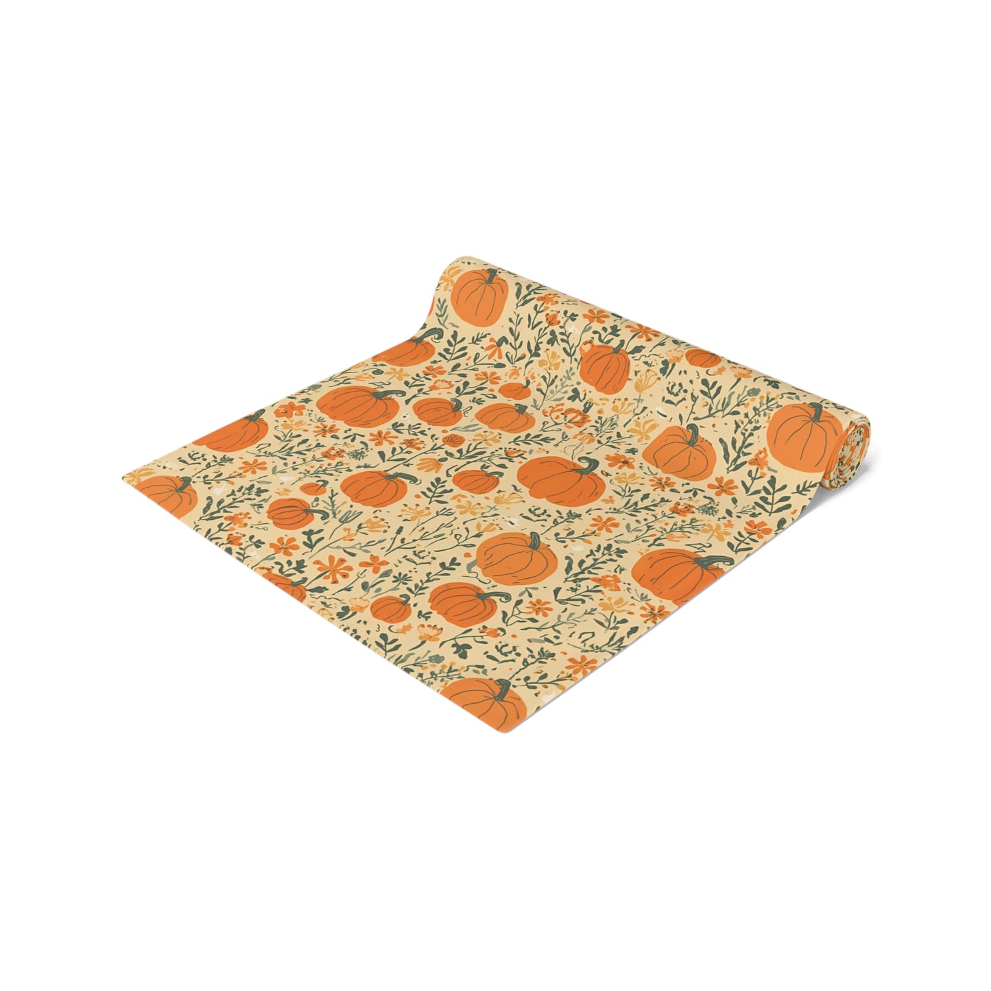 Our Pumpkin Garden table runner has an orange pumpkin and flowers table runner design and is rolled up on a white background