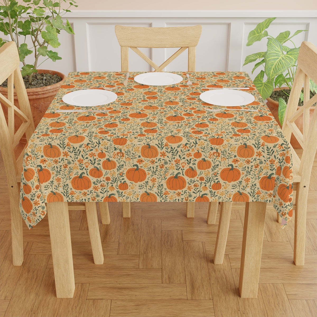 Pumpkin Garden Tablecloth, 100% Cotton Twill Tablecloth, 58" × 58" and 58" × 102" Sizes, Fall Autumn Pumpkins Design Tablecloth, Thanksgiving Tablecloth, Fall /Orange Tablecloth, Halloween Tablecloth