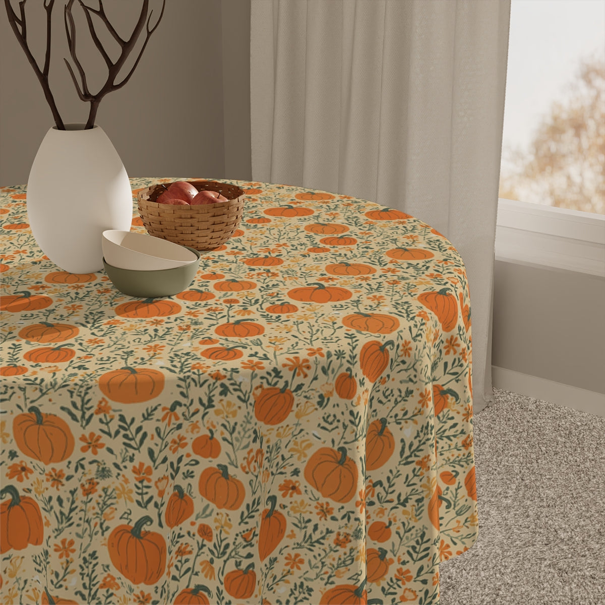 Pumpkin Garden Tablecloth, 100% Cotton Twill Tablecloth, 58" × 58" and 58" × 102" Sizes, Fall Autumn Pumpkins Design Tablecloth, Thanksgiving Tablecloth, Fall /Orange Tablecloth, Halloween Tablecloth
