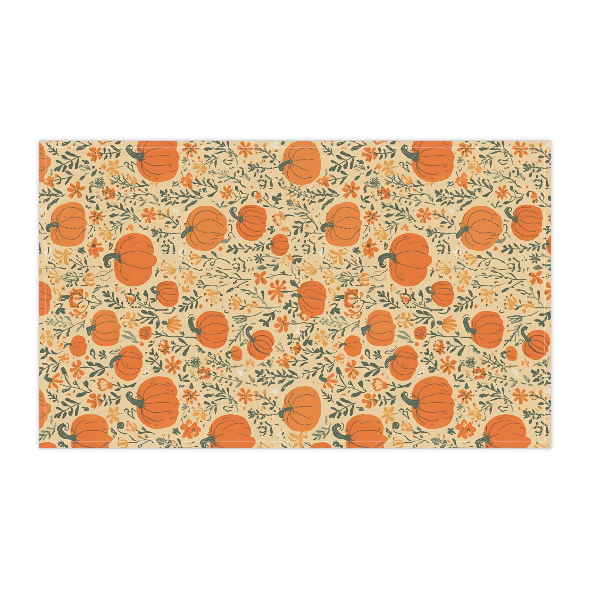 Kitchen tea towel with orange Kitchen pumpkins and flowers on a beige background