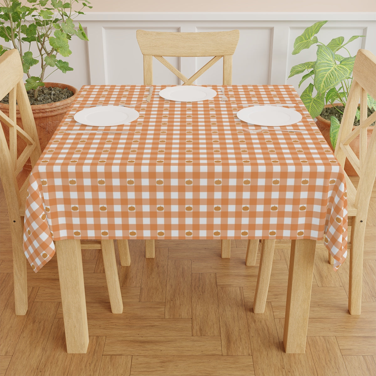 Pumpkin Gingham Tablecloth - 58" × 58" and 58" × 102" Sizes, Orange Checked Gingham Pumpkin Design Tablecloth, Orange & White Tablecloth, Orange Checked Tablecloth, Halloween Table Linen, Thanksgiving Tablecloth, Farmhouse Decor, Pumpkin Table Tablecloth