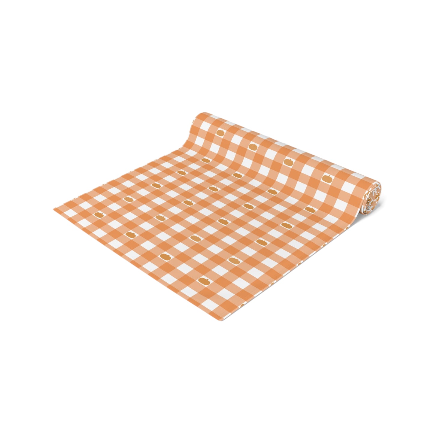 Our polyester Pumpkin Gingham table runner has an orange and white checkered pattern with small pumpkins on the table runner fabric  and is rolled up on a white background