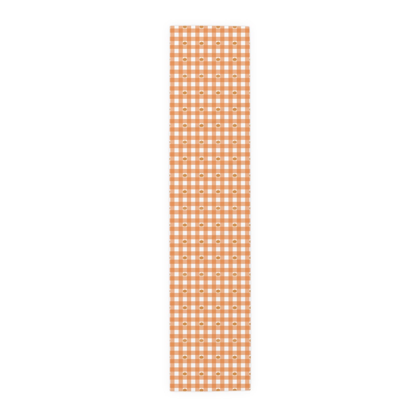 Our 16" x 72" polyester Pumpkin Gingham table runner has an orange and white checkered pattern with small pumpkins on the table runner fabric on a white background