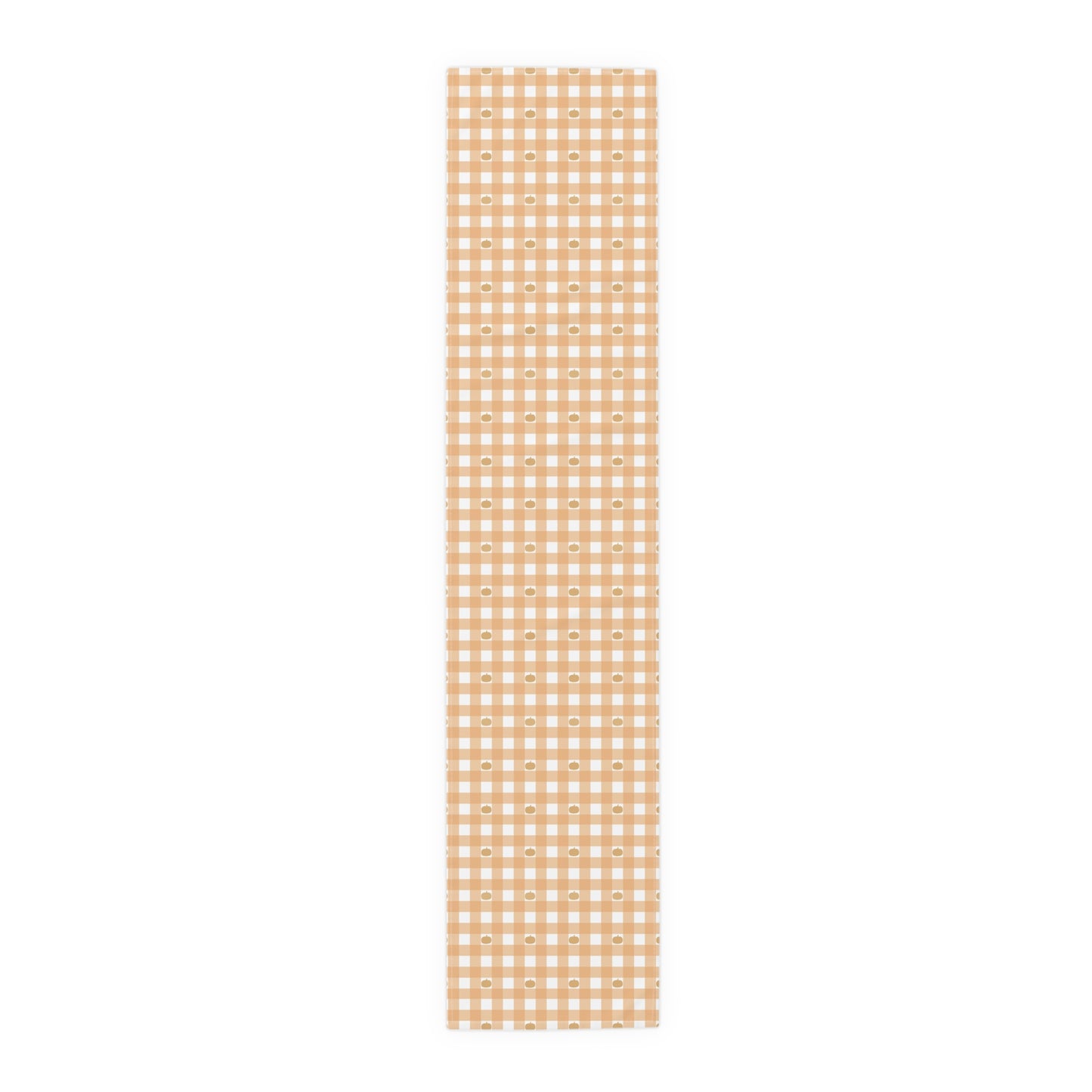 Our 16" x 72" cotton twill Pumpkin Gingham table runner has an orange and white checkered pattern with small pumpkins on the table runner fabric on a white background