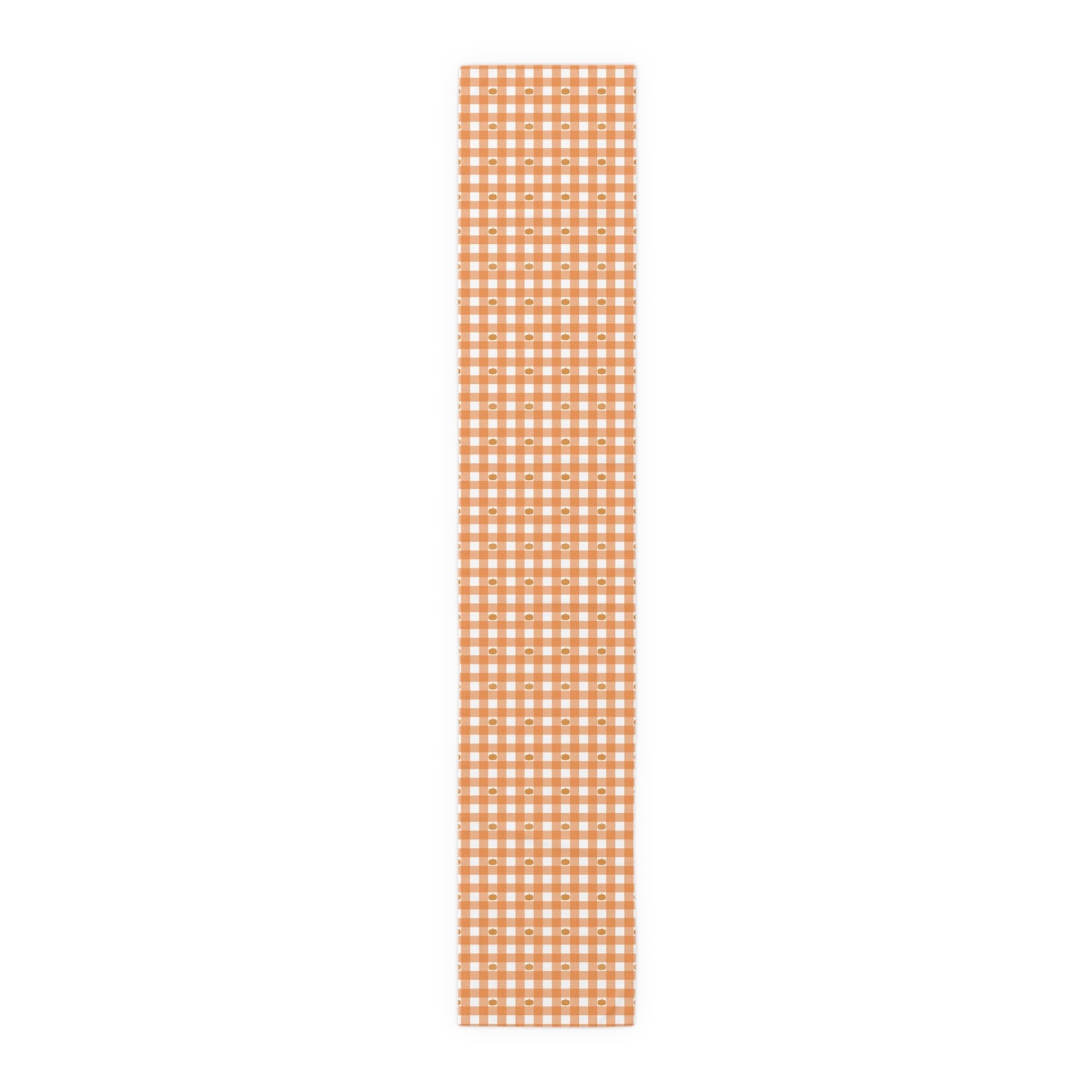 Our 16" x 90" polyester Pumpkin Gingham table runner has an orange and white checkered pattern with small pumpkins on the table runner fabric  on a white background