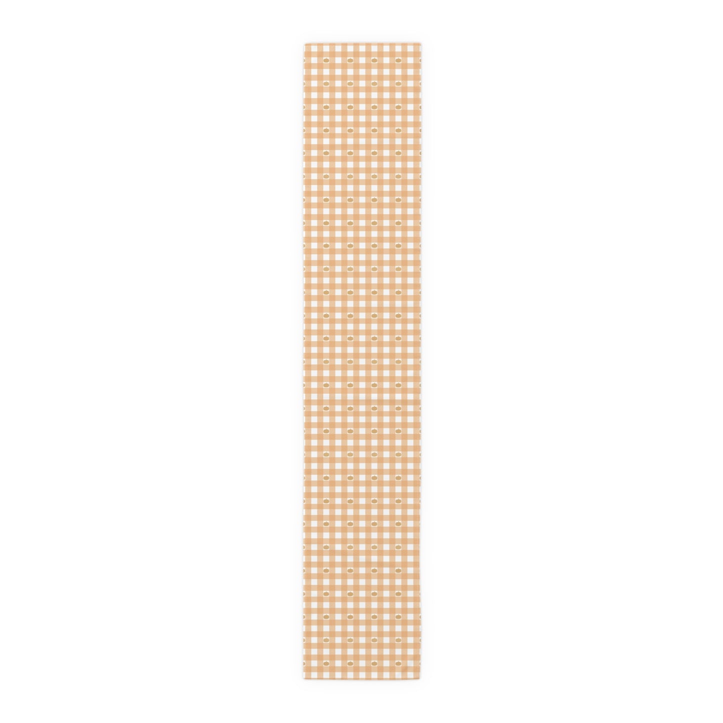 Our cotton twill 16" x 90" Pumpkin Gingham table runner has an orange and white checkered pattern with small pumpkins on the table runner fabric on a white background