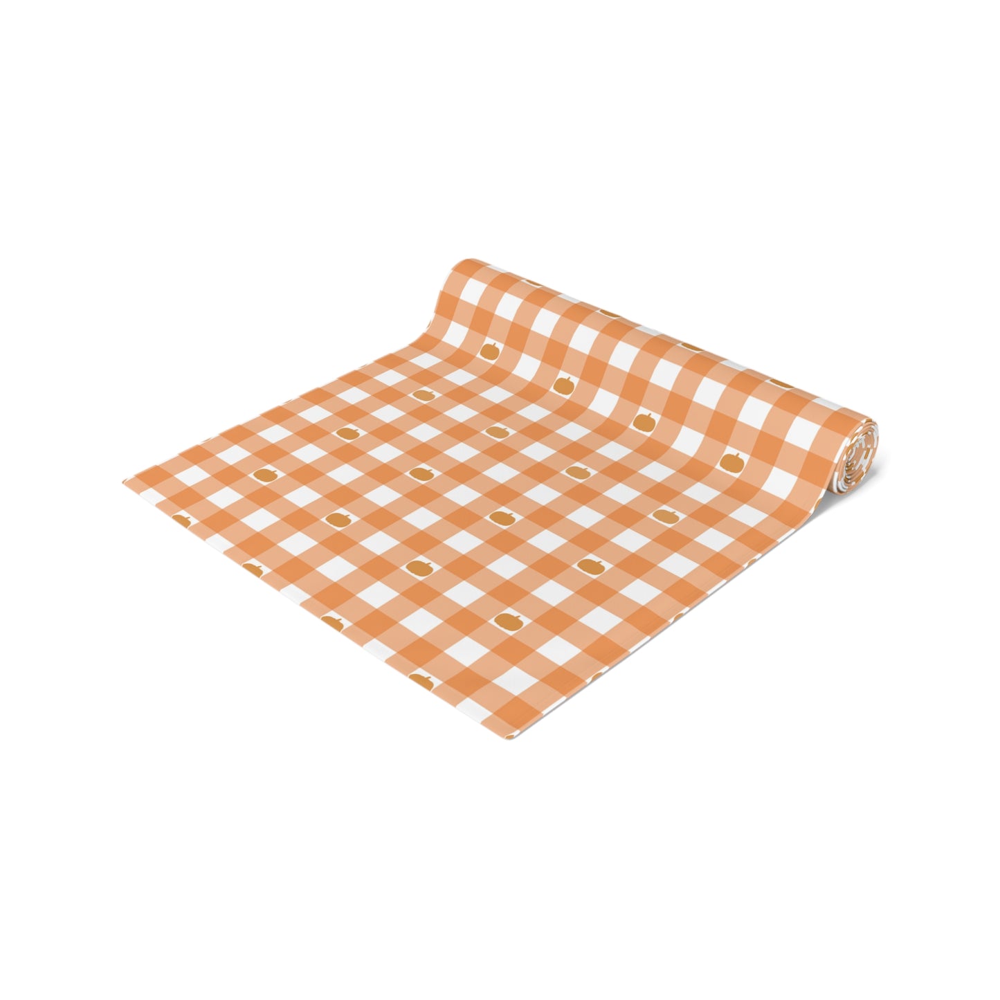 Roll of orange and white checkered fabric on a white background