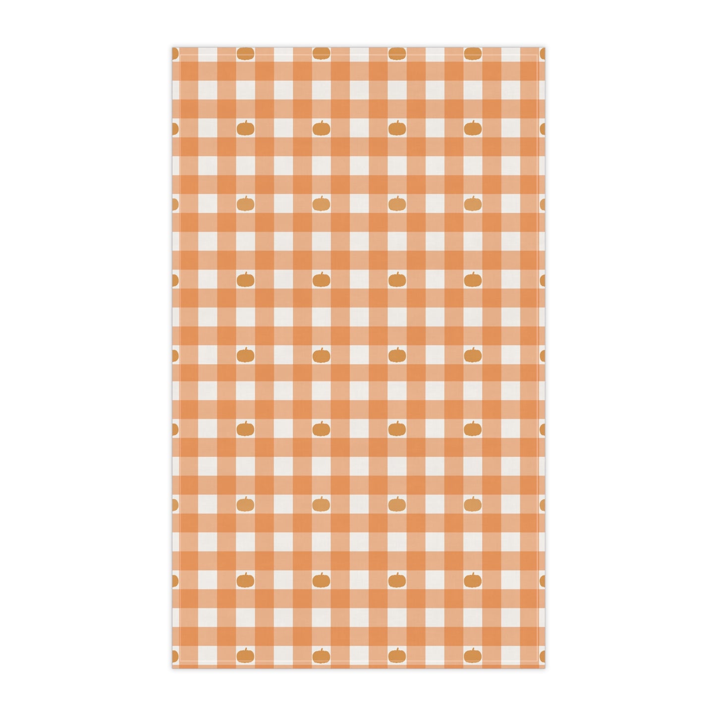 Gingham checkered kitchen tea towel with orange and white, pumpkins pattern on a white background