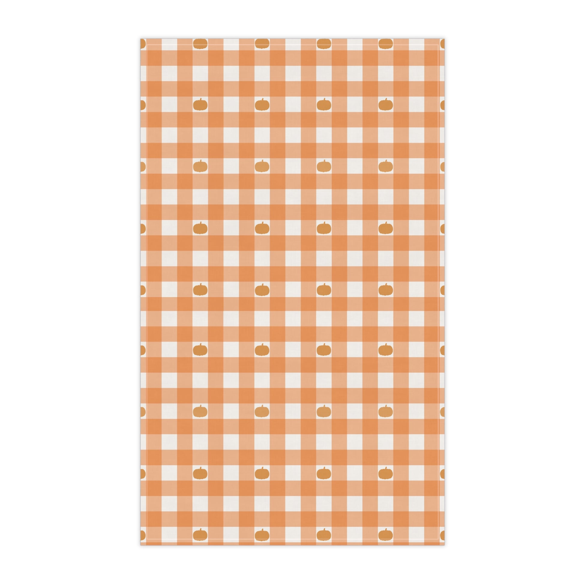 Gingham checkered kitchen tea towel with orange and white, pumpkins pattern on a white background