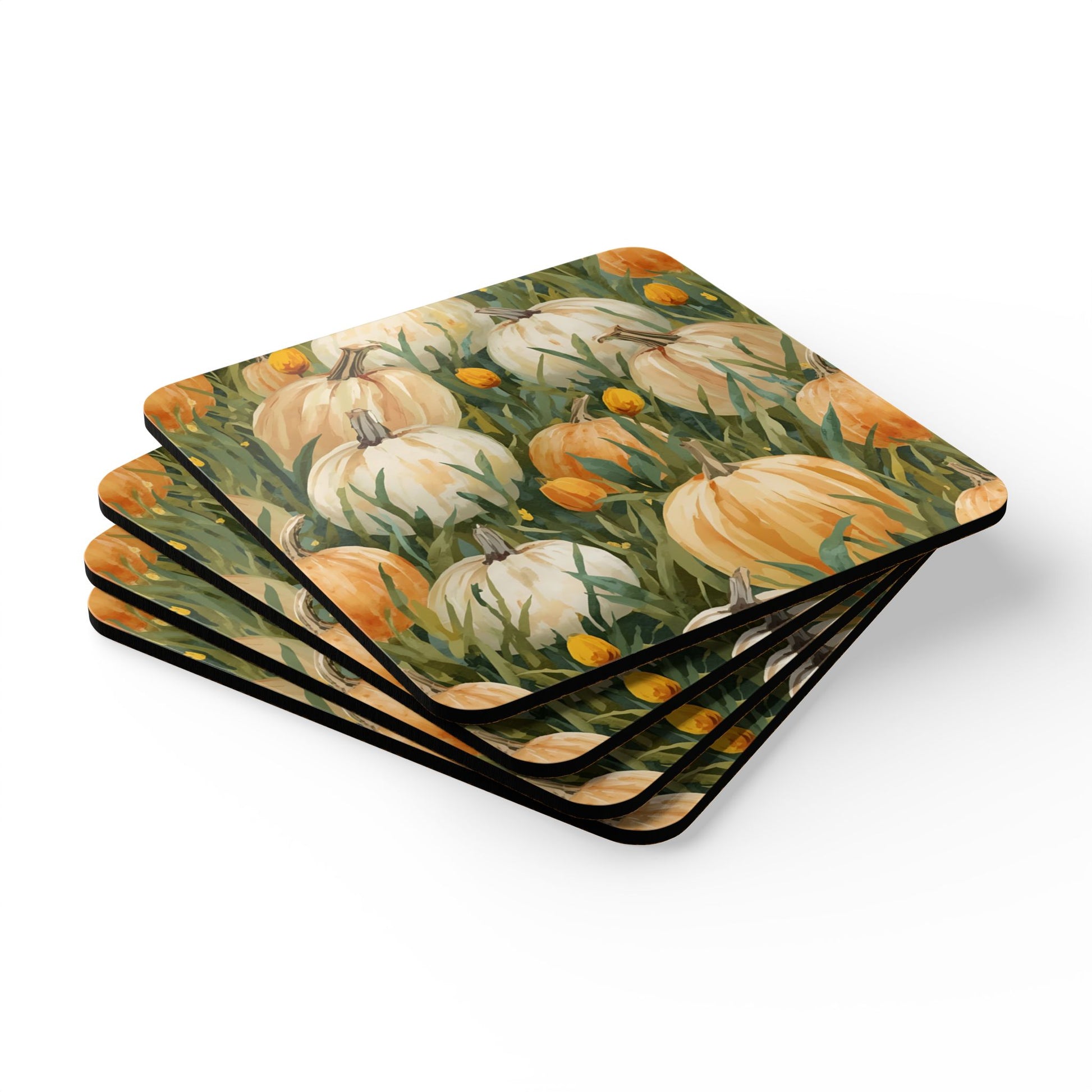Set of four coasters with pumpkins in grasses design on a white background