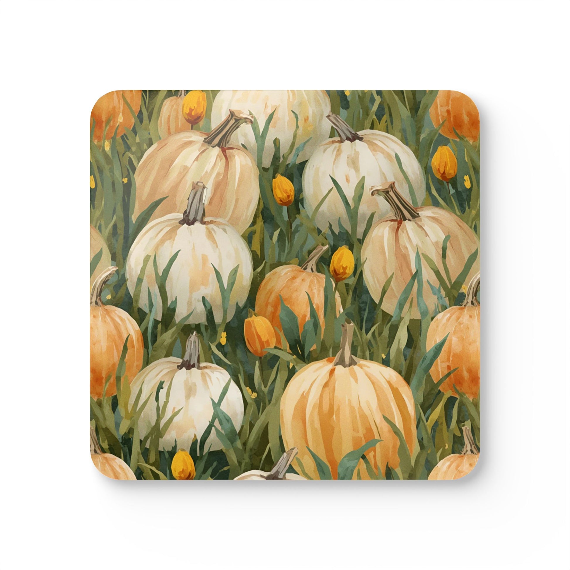 Square coaster with pattern of pumpkins and green leaves on a white background