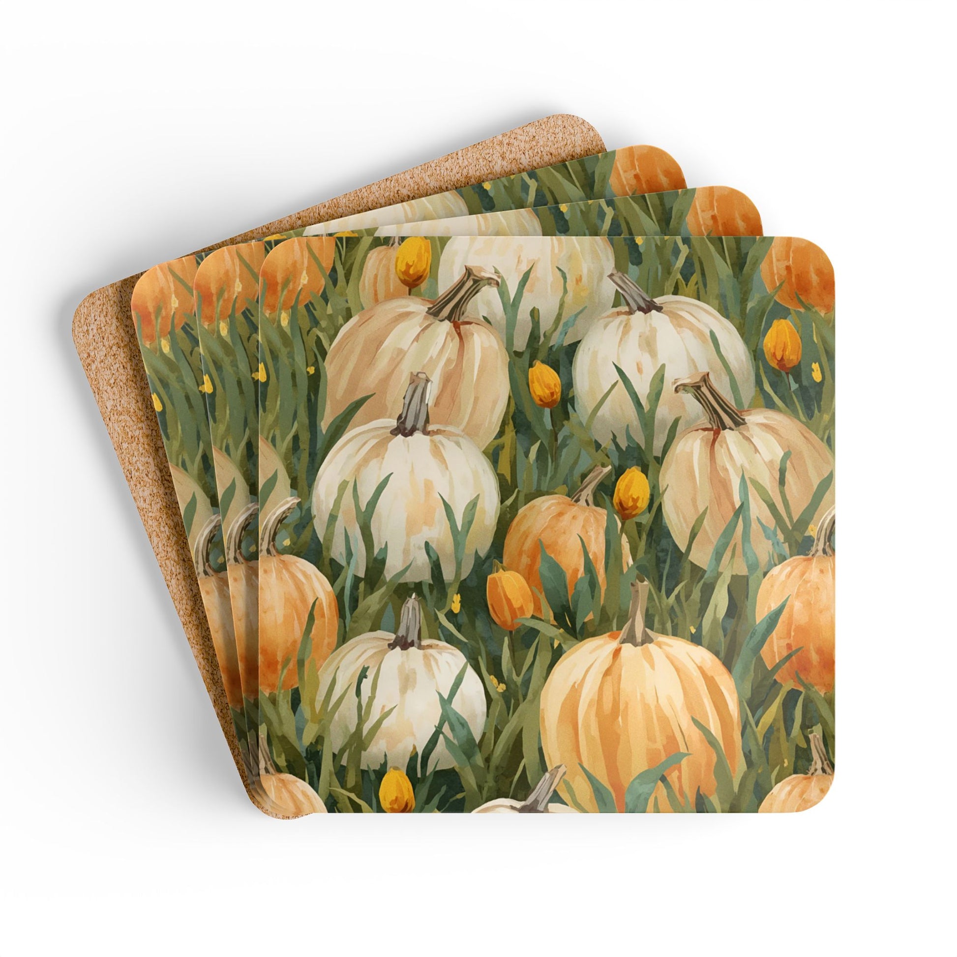 Set of four Pumpkin Patch coasters with pumpkins in grasses design on a white background
