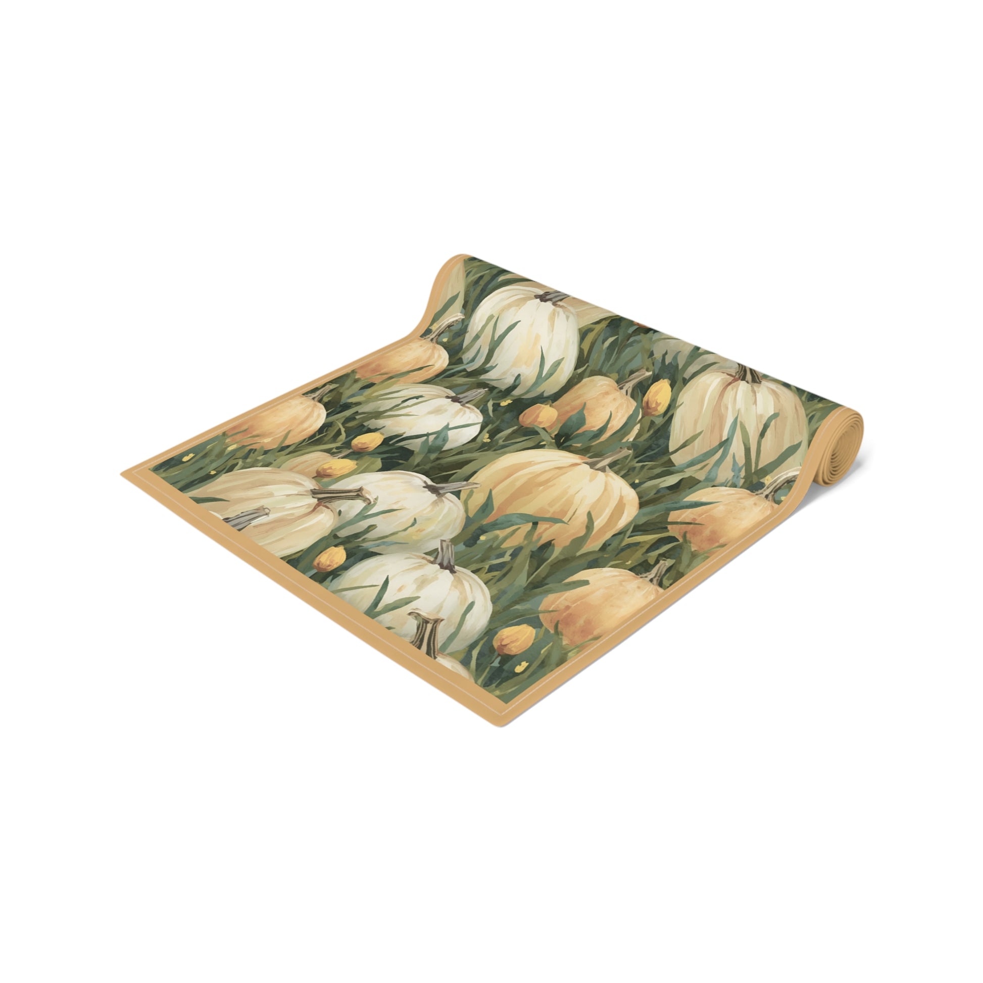 Pumpkin Patch table runner has white and orange pumpkins in grass with orange tulips printed on front of table runner cotton twill fabric and is rolled up on a white background