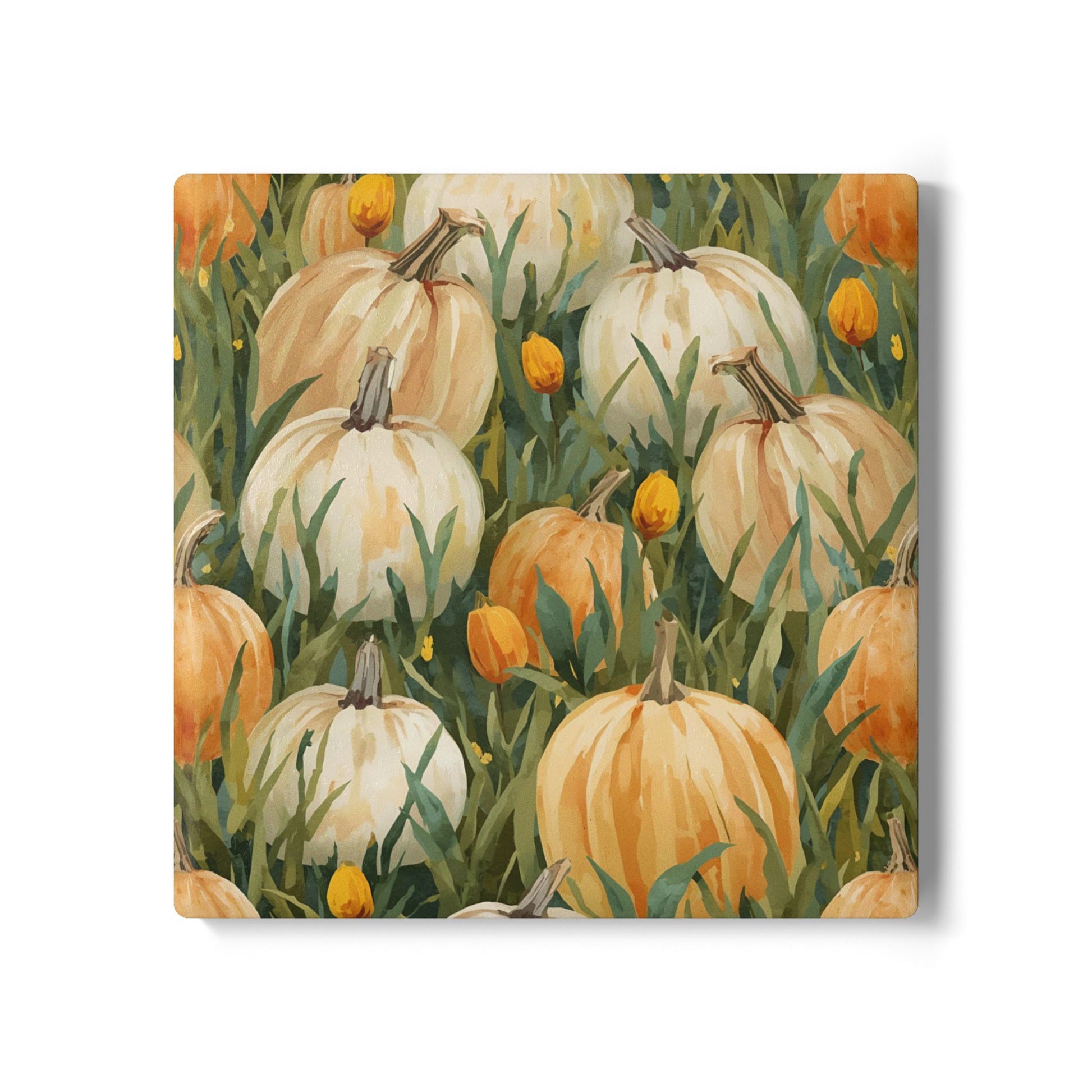 Pumpkin Patch square ceramic tile coaster has white and orange pumpkins in grass with orange tulips printed on top of the tile coaster on a white background