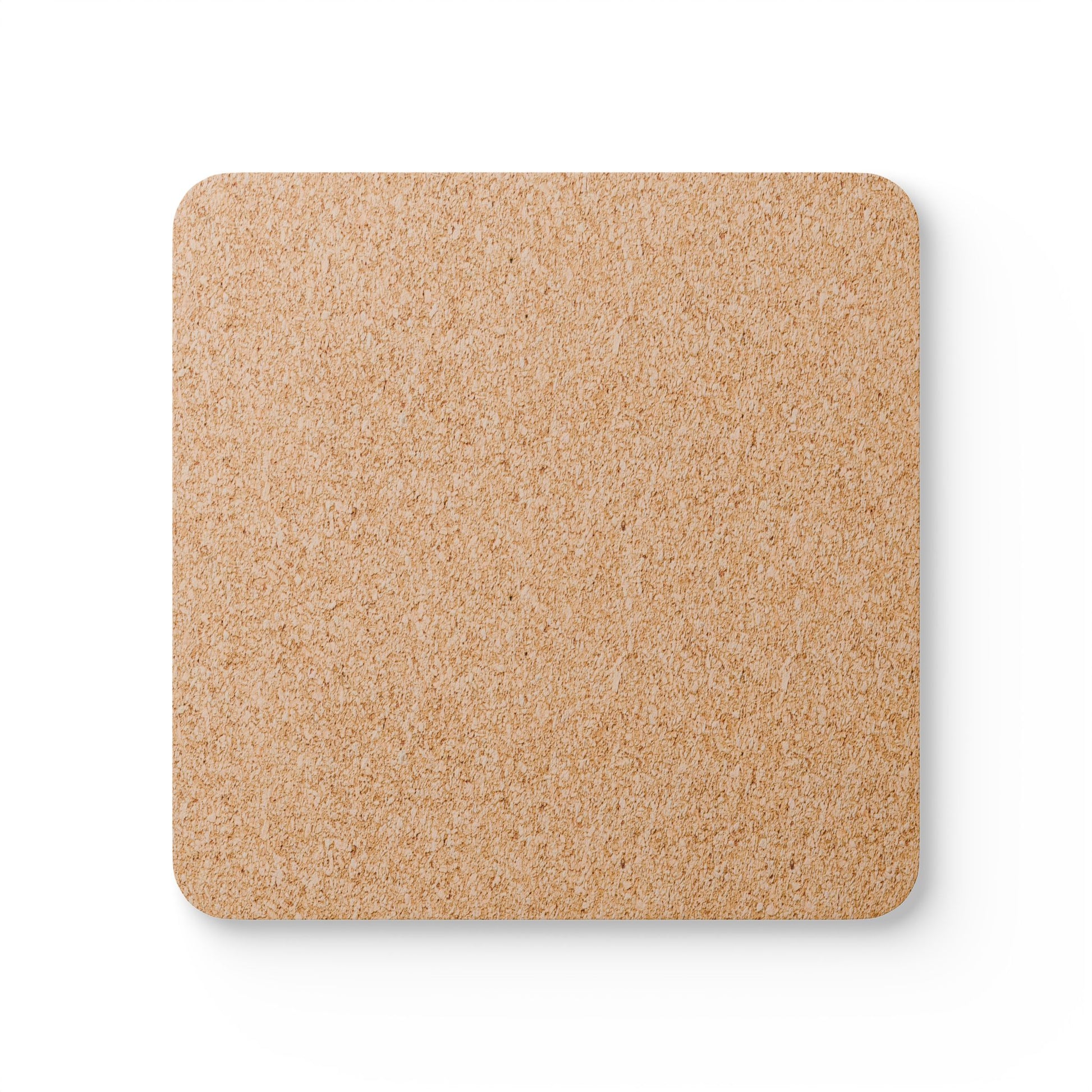 Back view of square cork coaster on a white background