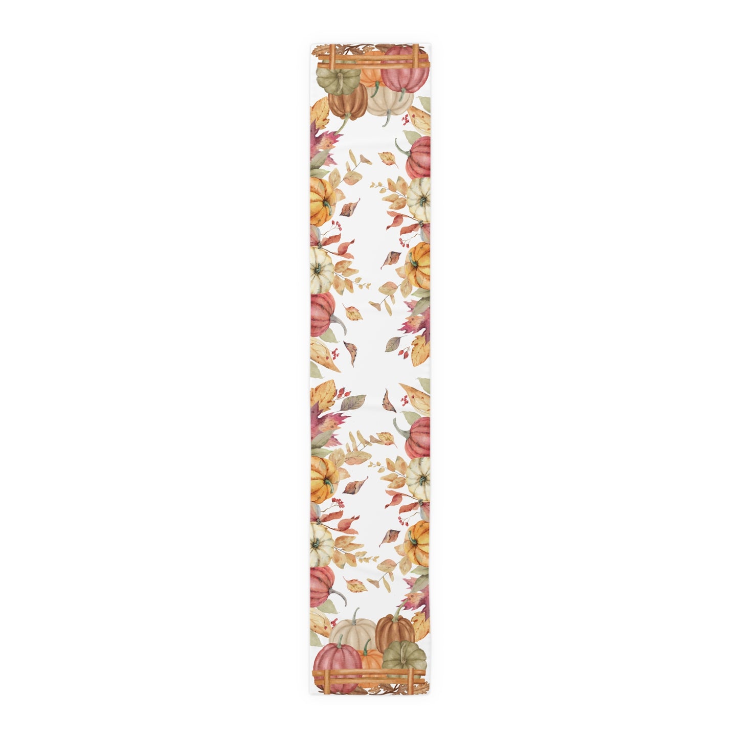 Table runner with autumn leaf and pumpkins pattern printed on front of polyester table runner, on a white background