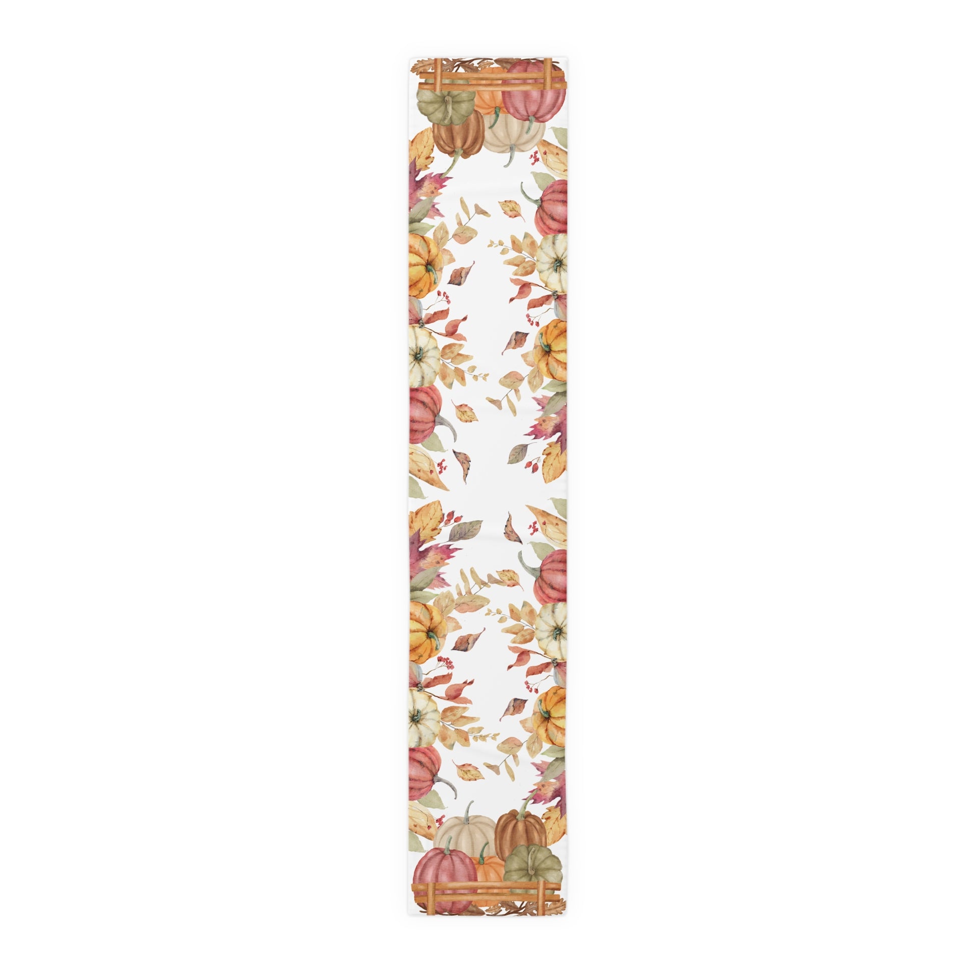 Table runner with autumn leaf and pumpkins pattern printed on front of polyester table runner, on a white background