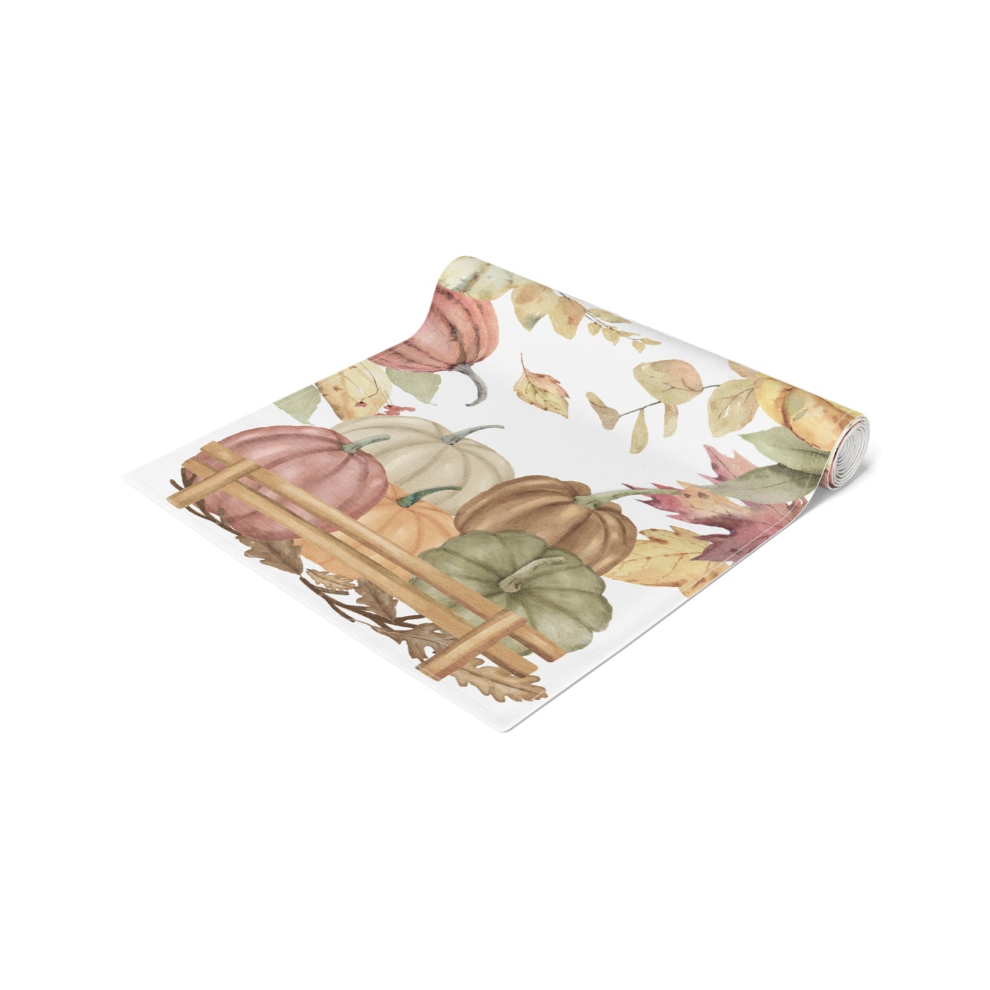 Table runner with autumn leaf and pumpkins pattern printed on front of this Pumpkins table runner, rolled up on a white background