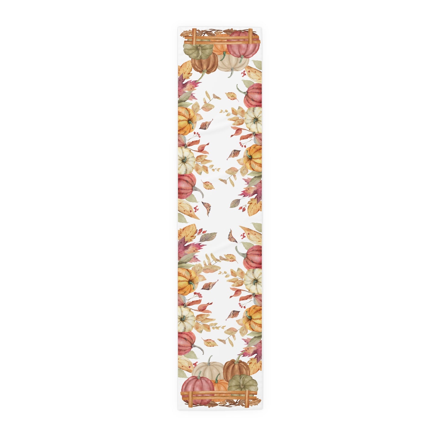 Table runner with autumn leaf and pumpkins pattern printed on front of polyester table runner, on a white background