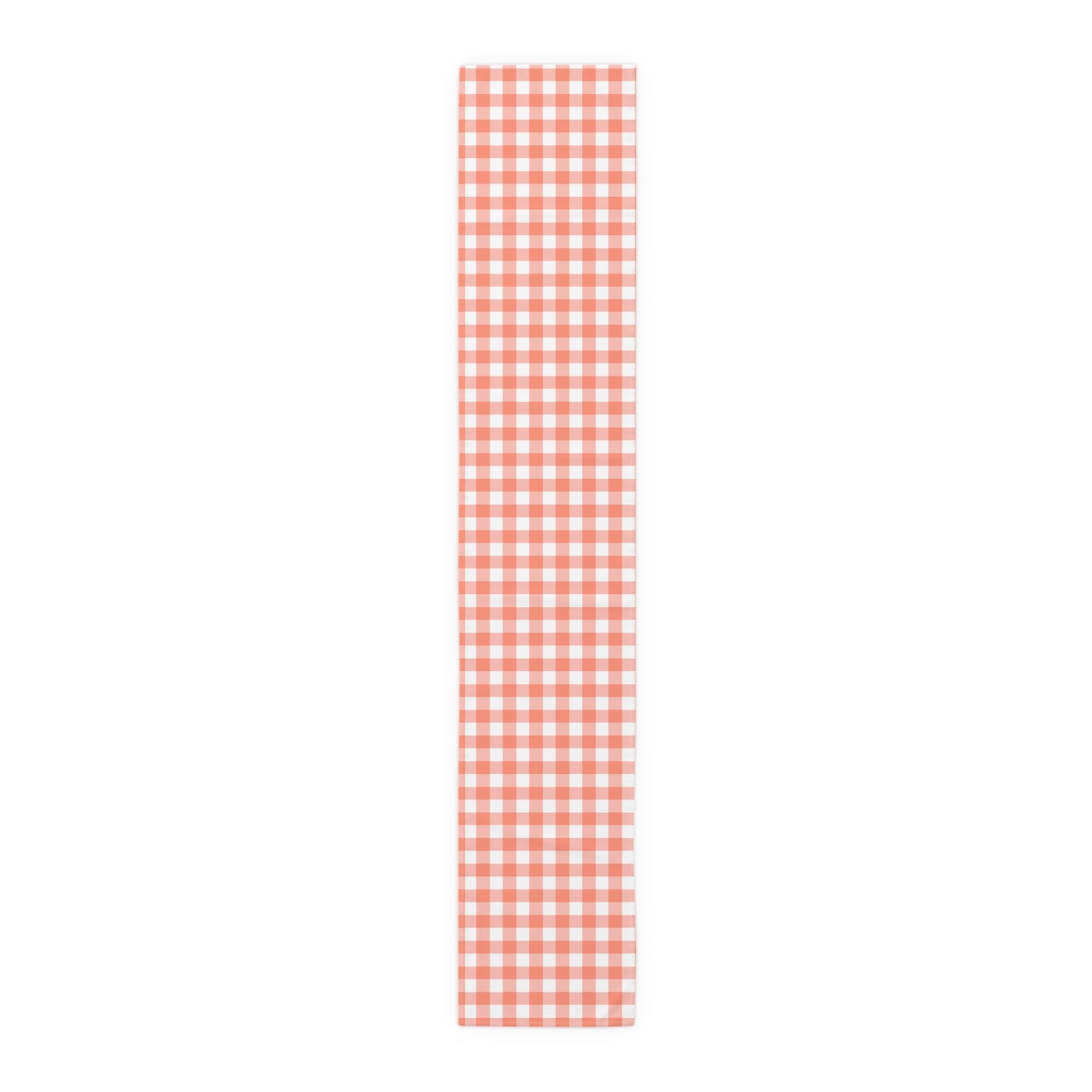 Red and white gingham checkered cotton twill table runner on a white background