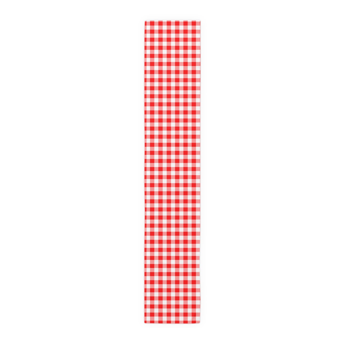 Red and white gingham checkered polyester table runner on a white background