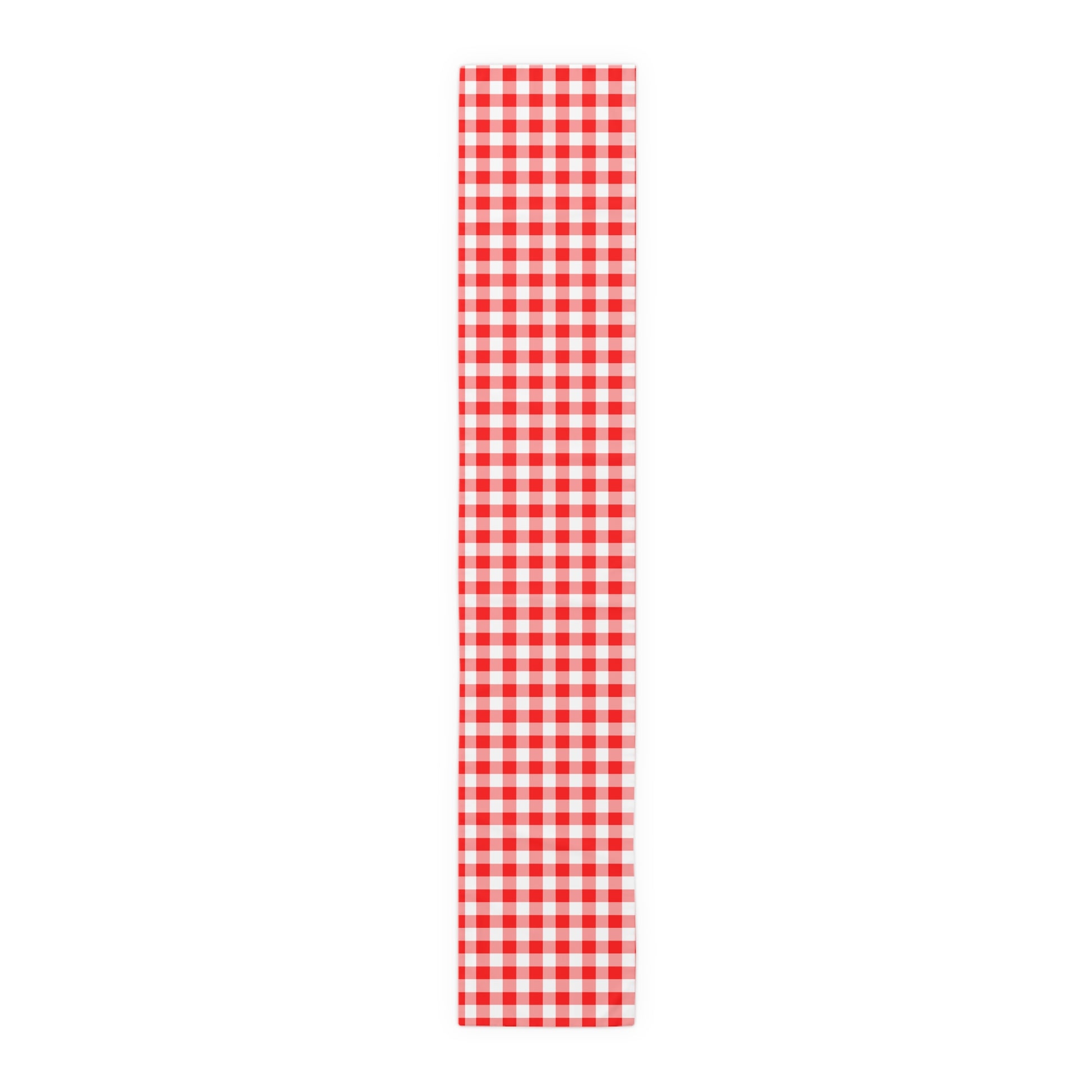 Red and white gingham checkered polyester table runner on a white background