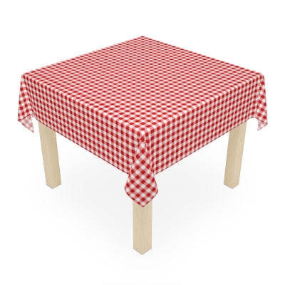 Round table with red and white gingham checkered tablecloth, vase, and bowl in a room.
