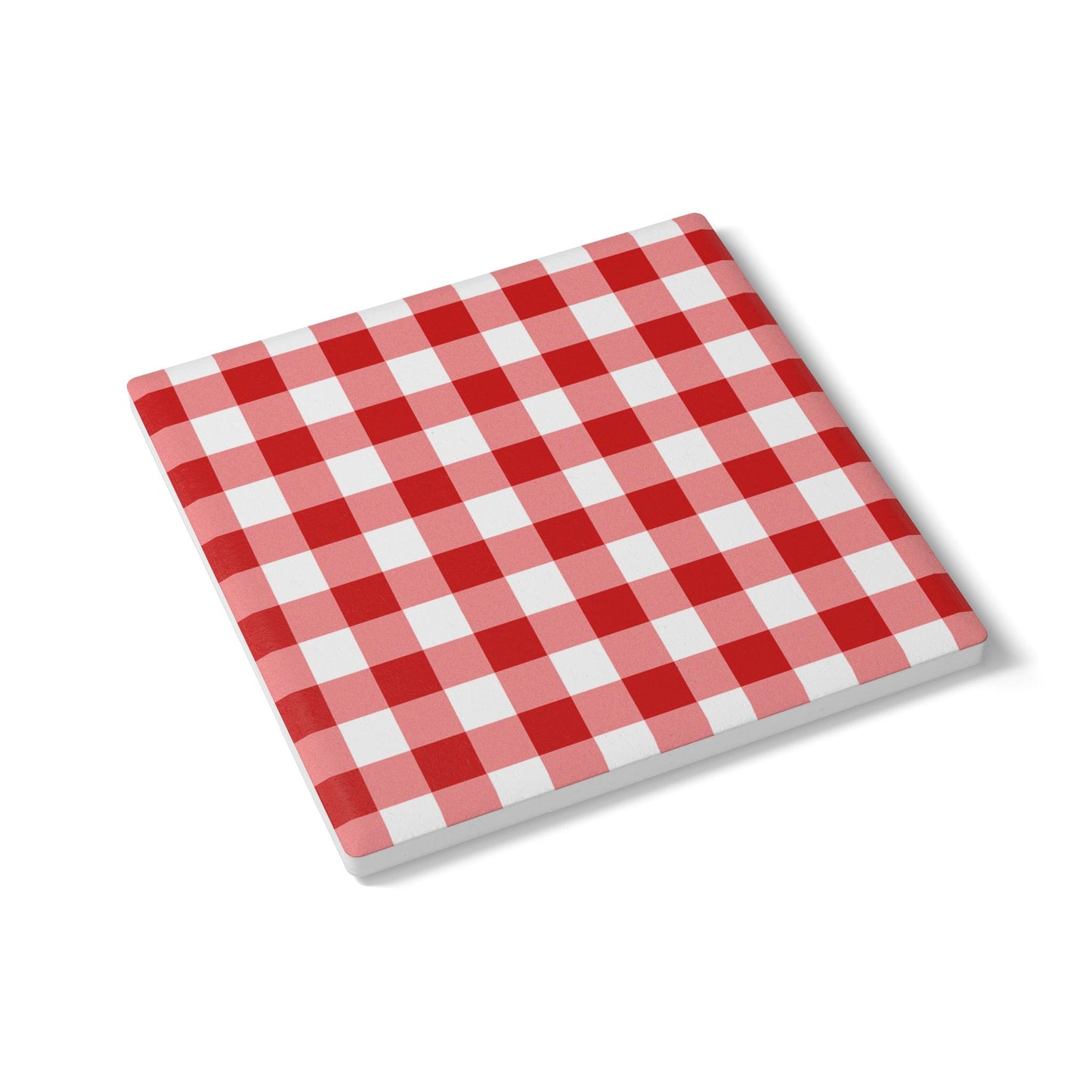 Red gingham square ceramic tile coaster with red and white checkered pattern on front of coaster, on a white background.