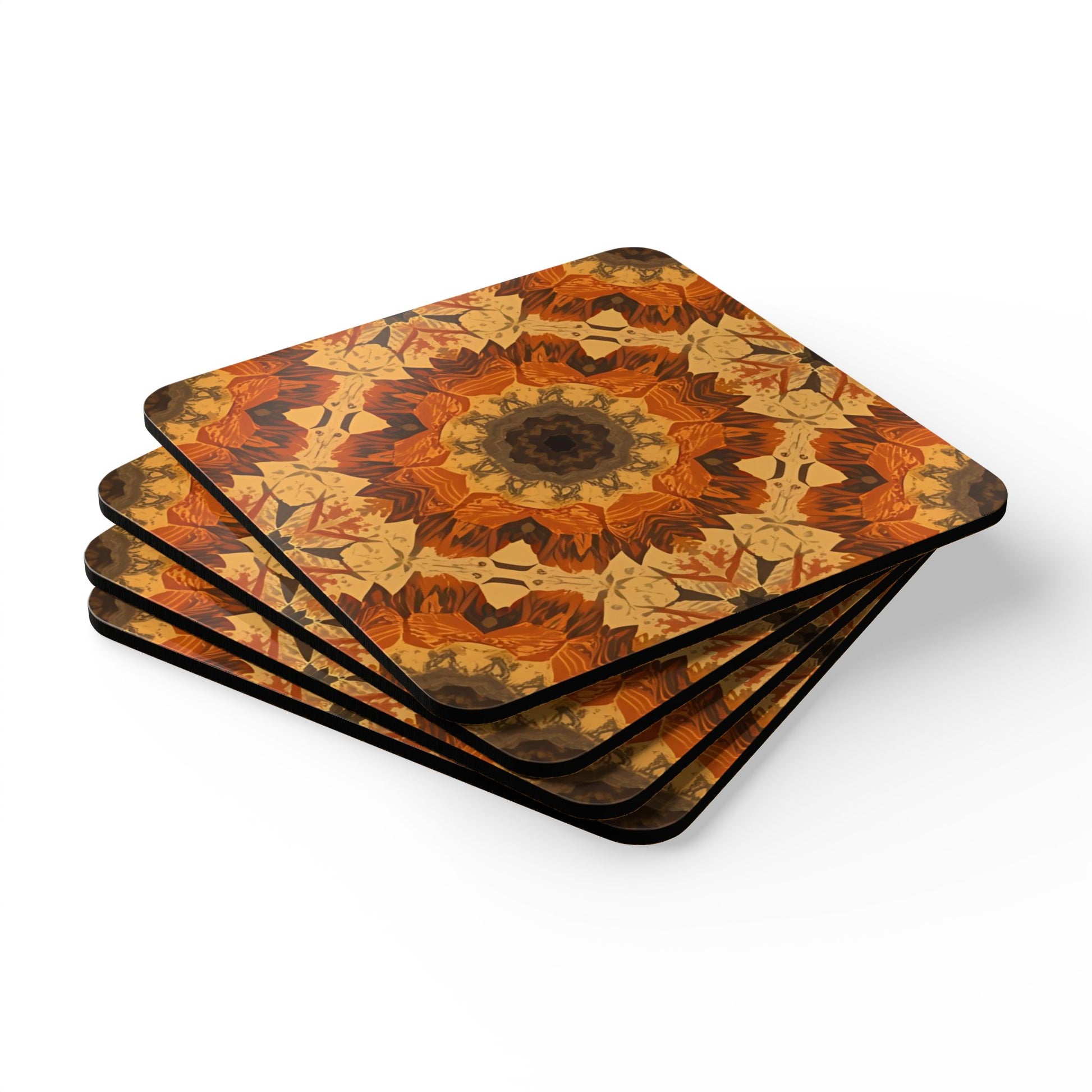 Set of four square coasters with a geometric tye-dye orange, yellow and gray floral pattern on a white background