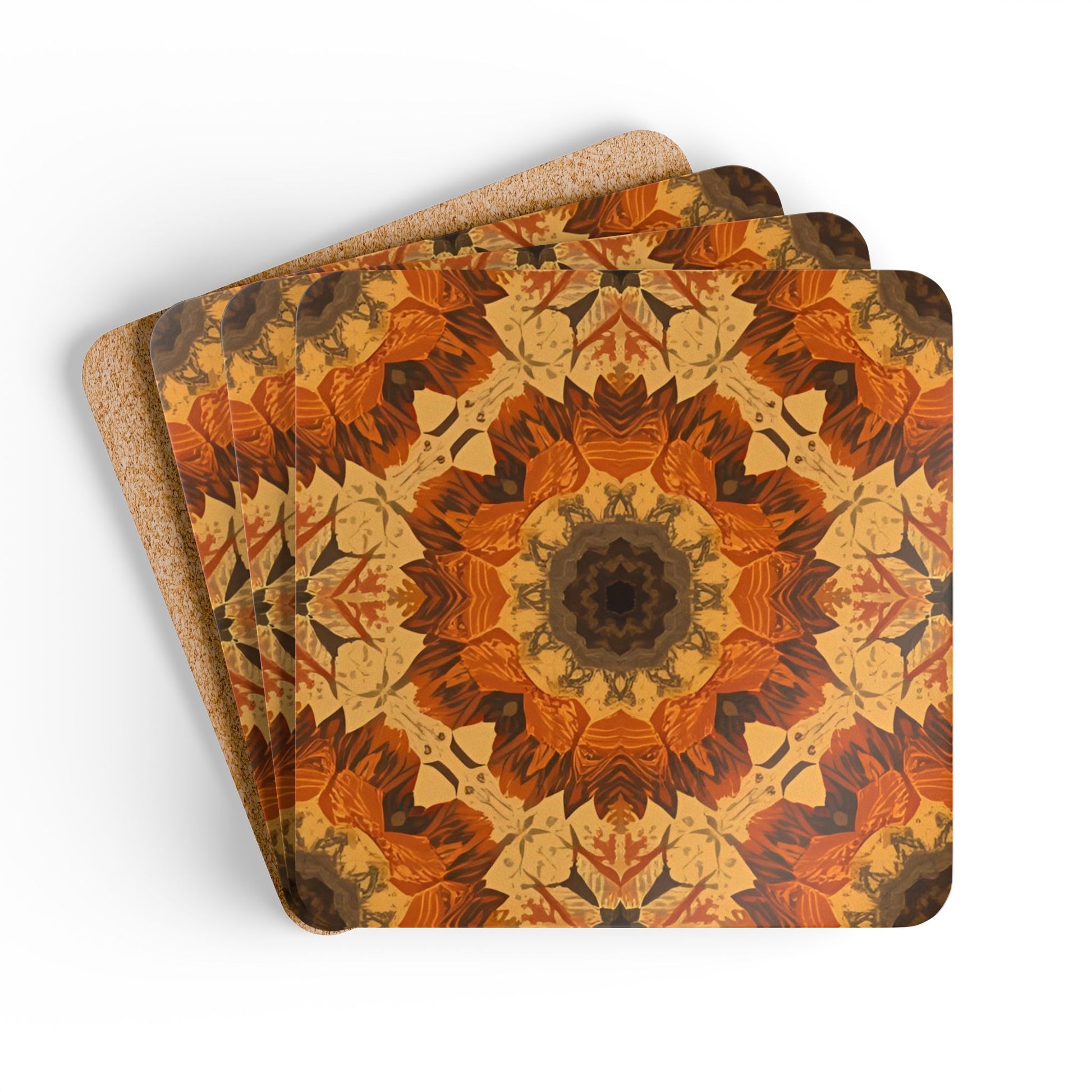 Set of four coasters with a orange, yellow and gray mandala pattern on a white background